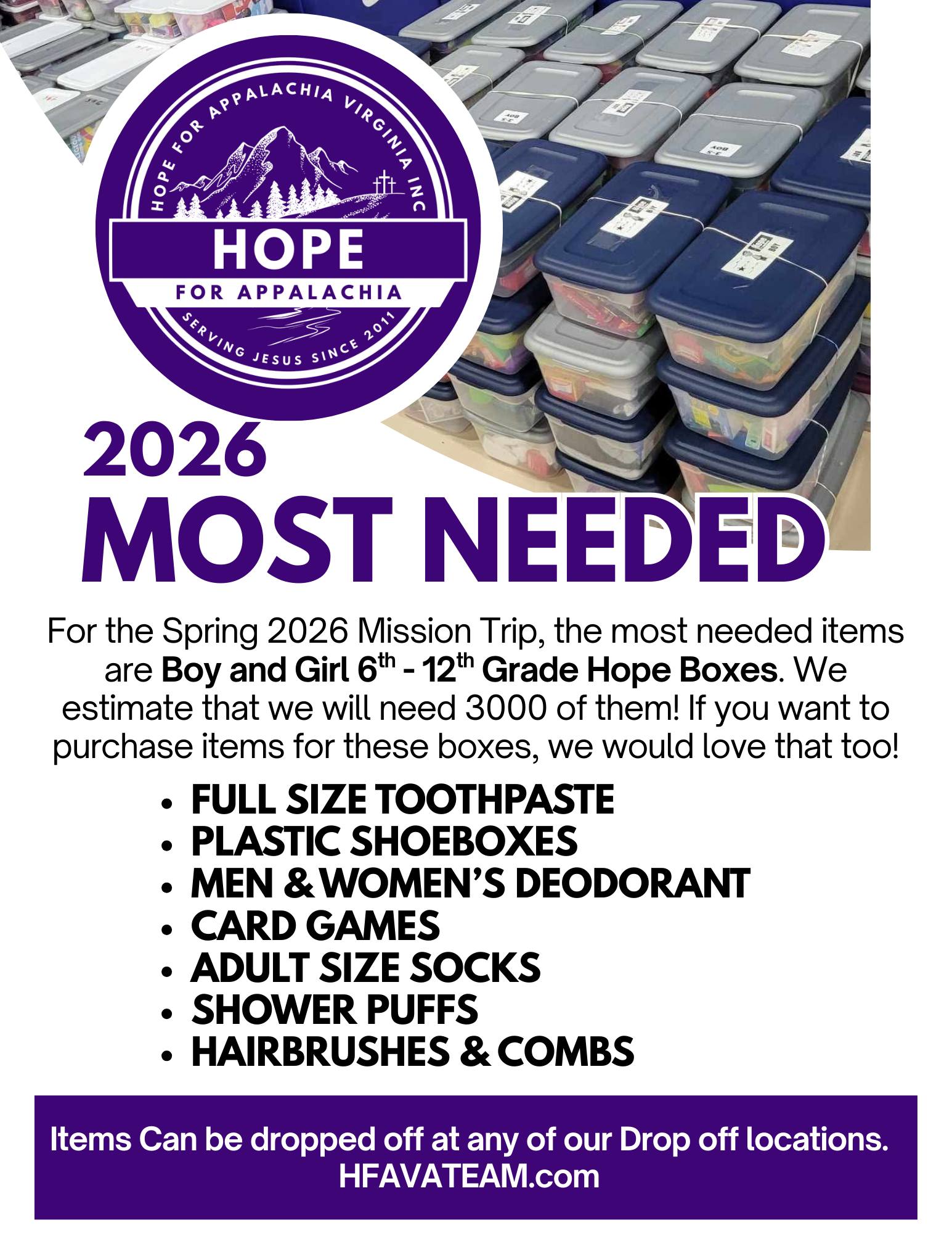Hope - For the Spring 2026 Mission Trip, our biggest need is 6th - 12th ...