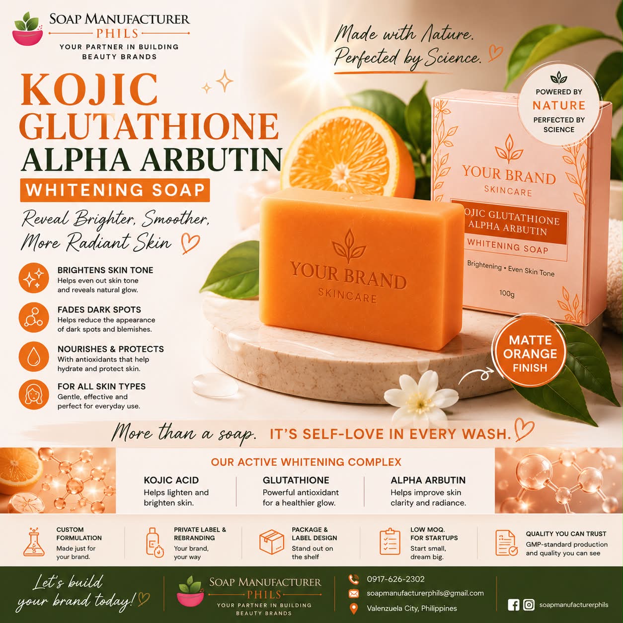 KOJIC GLUTATHIONE ALPHA ARBUTIN WHITENING SOAP ✨ A bold soap concept for brands that want a product that looks premium and sells with impact. With its matte orange finish, this whitening soap