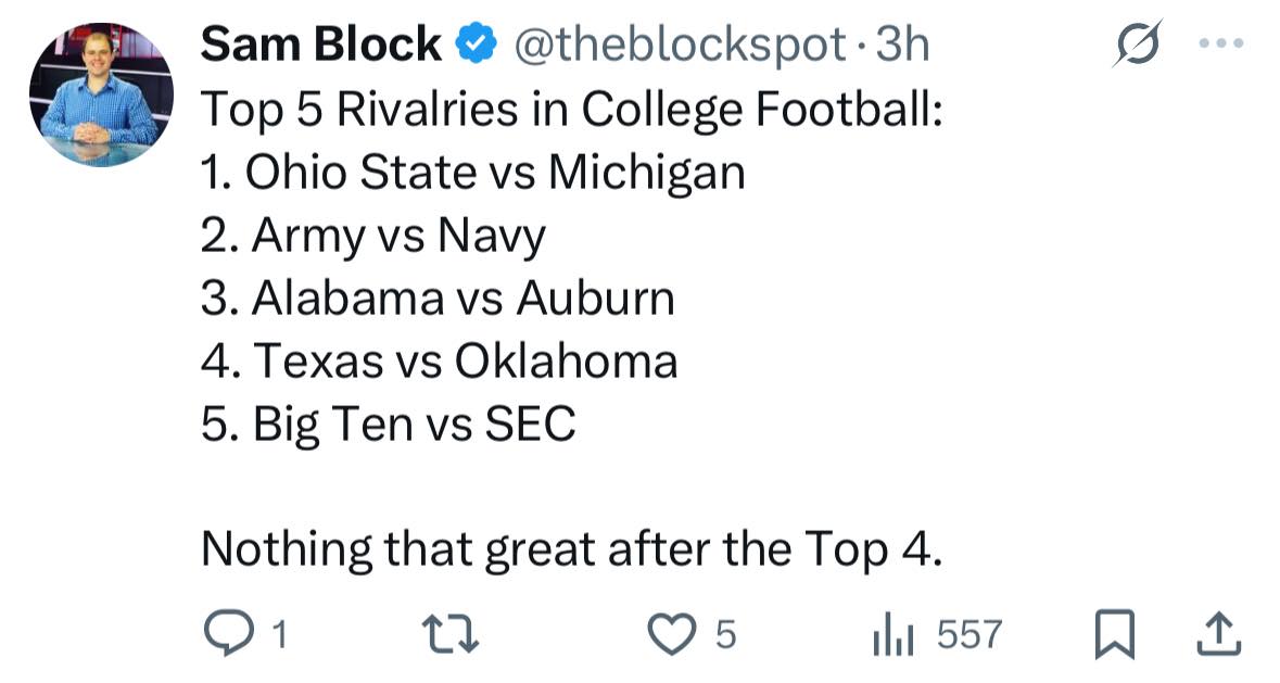 Second - Do you think that these are the top four rivalries in college ...