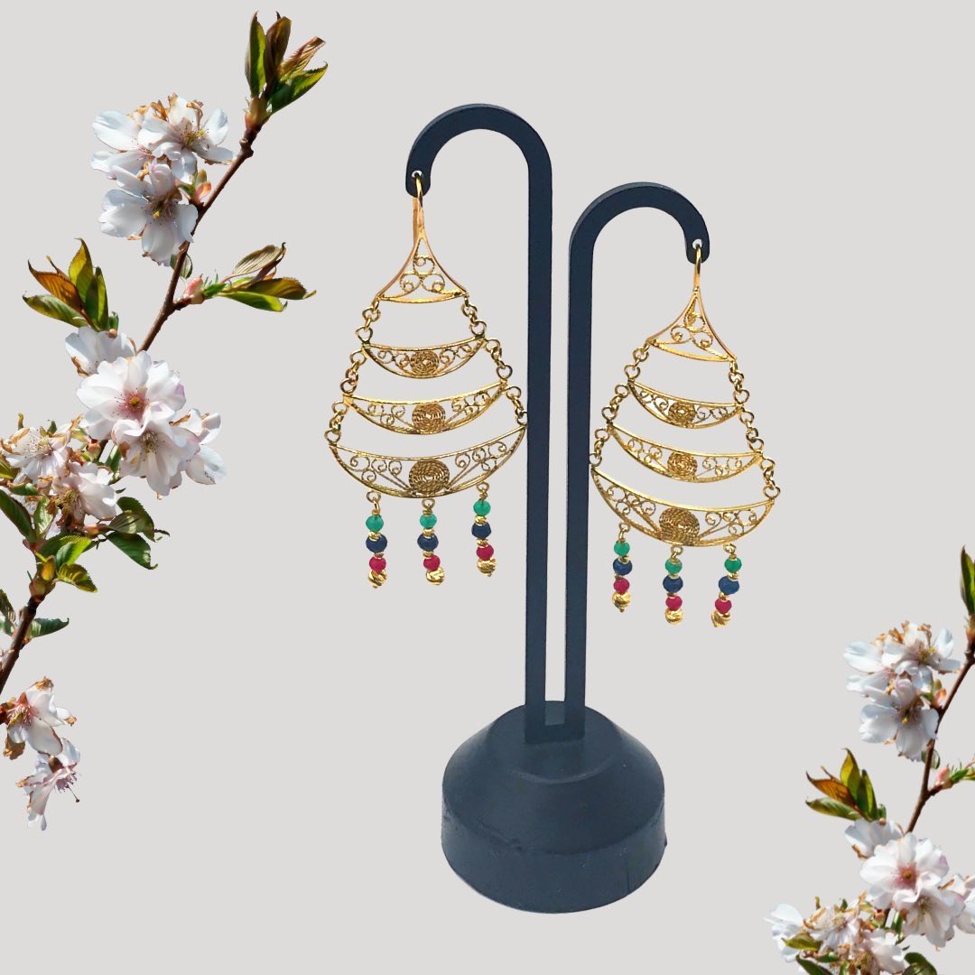 Boucles D'oreilles Anciennes Années 1930 – Rubis, Saphir, émeraude – Plaqué Or – Style Puces/clous – Occasion