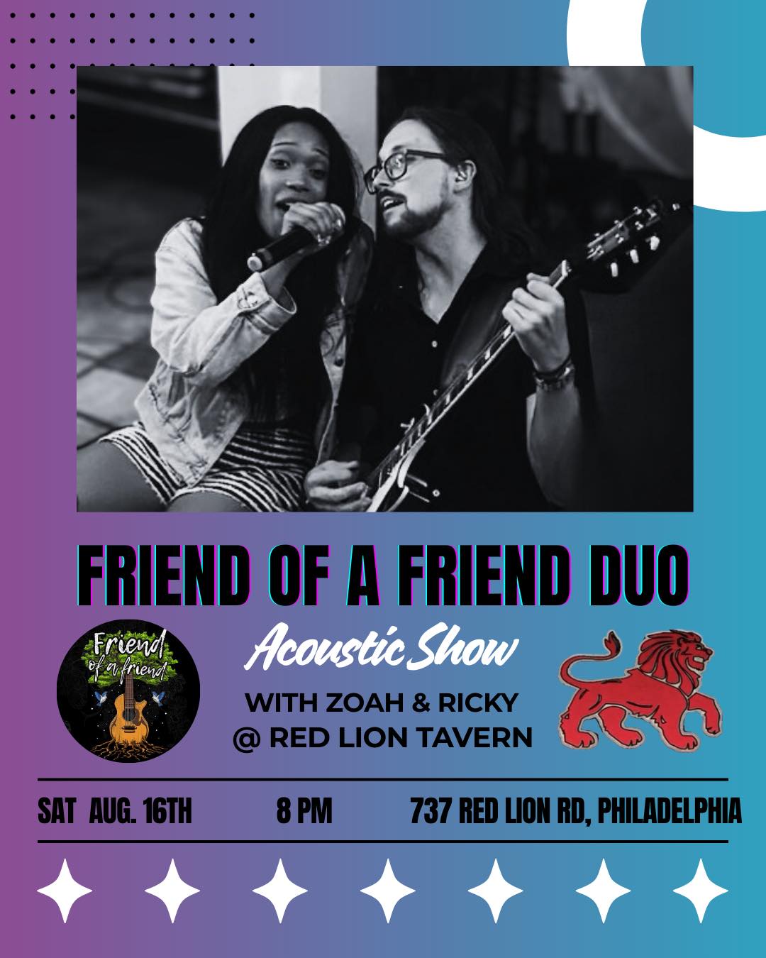 Come check out our first acoustic duo show with Ricky and Zoah at