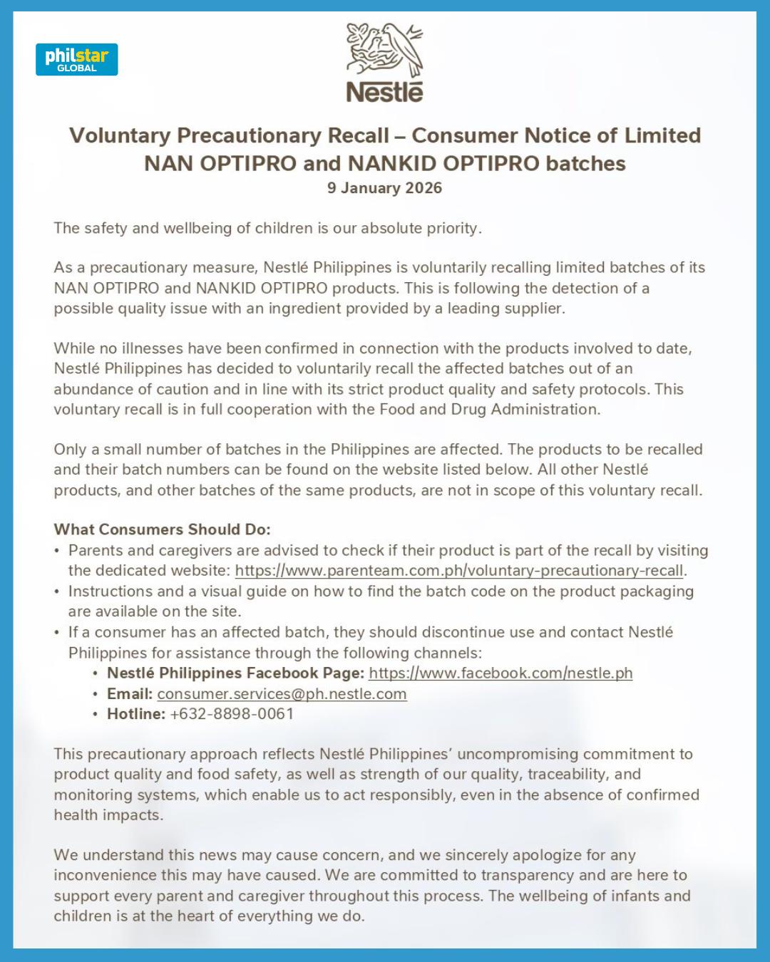 Philstar.com - NESTLÉ PH RECALLS LIMITED NAN, NANKID OPTIPRO BATCHES ...