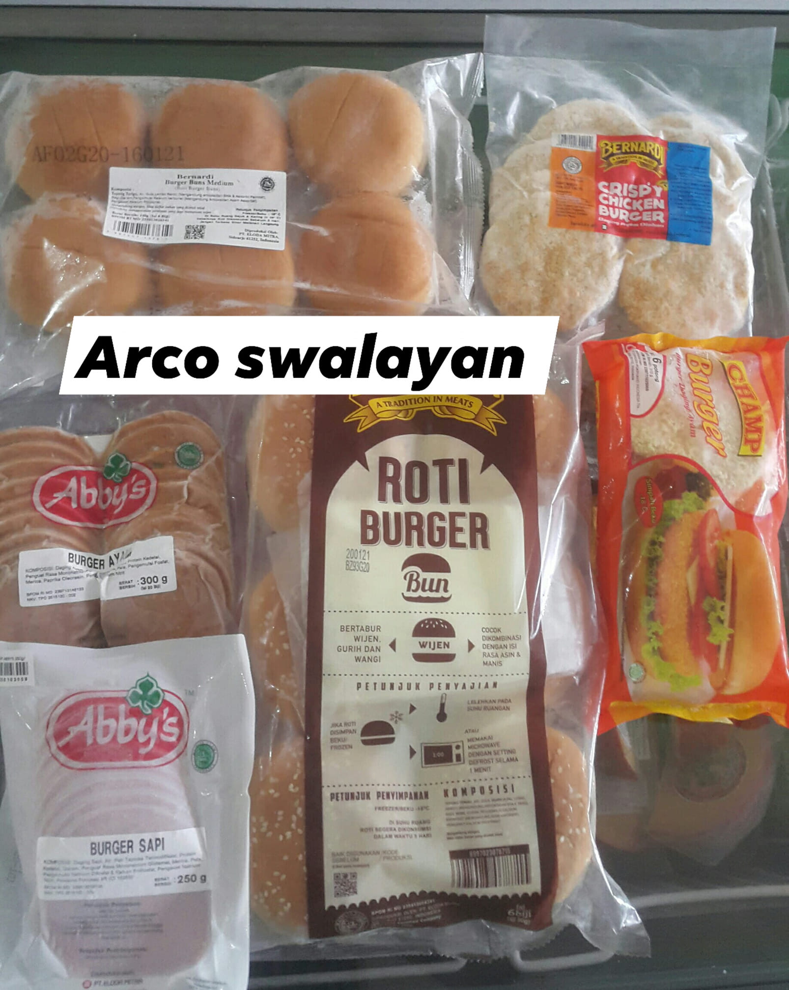 Arco swalayan - Roti burger dan daging patties, ready...
