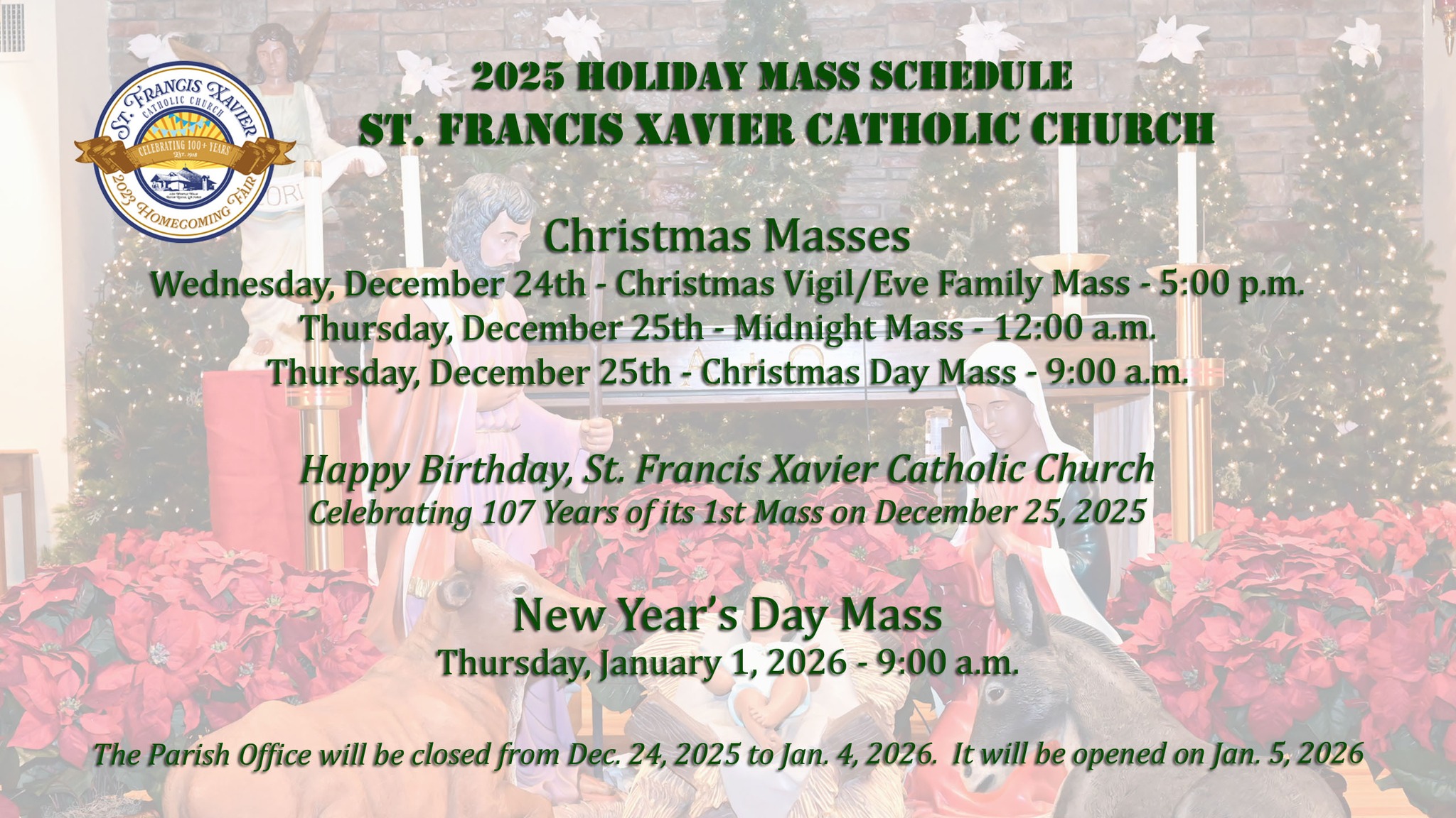 St. - 2025 Holiday Mass Schedule St. Francis Xavier Catholic Church ...
