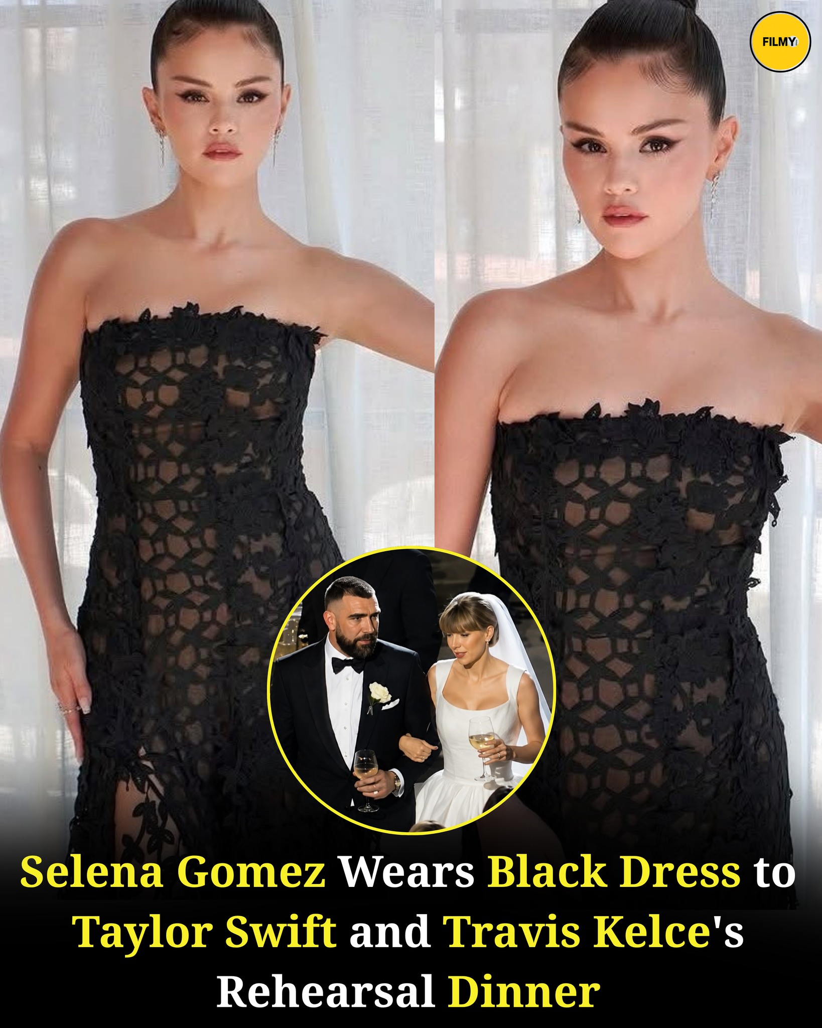 Selena Gomez turned heads in a custom black Oscar de la Renta strapless gown while attending the highly anticipated wedding rehearsal dinner for her longtime best friend Taylor Swift and Kansas City