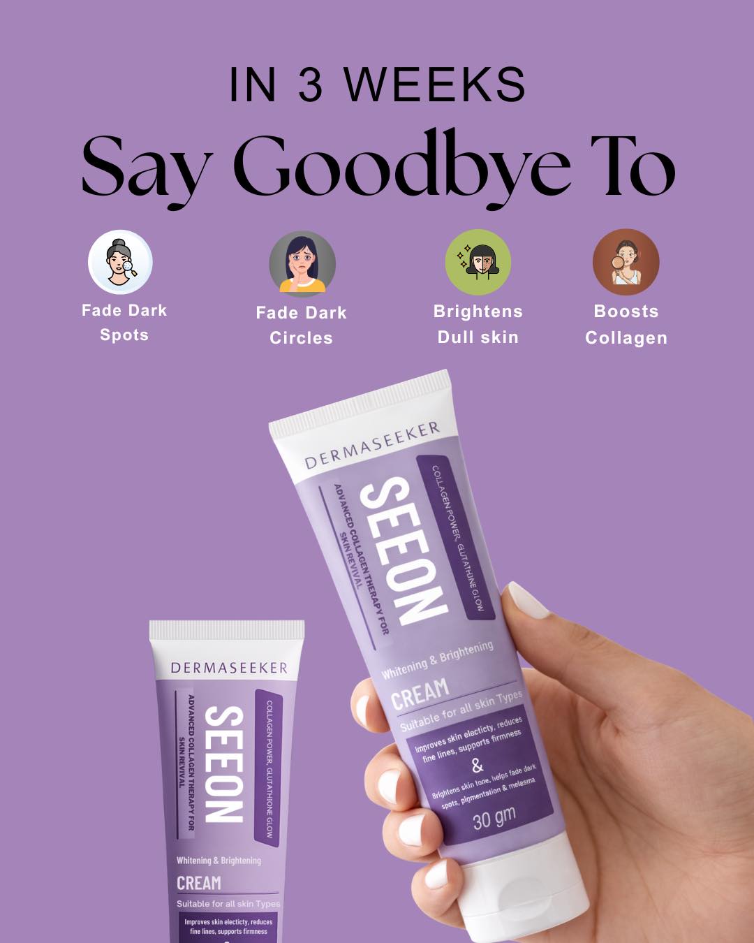 A premium whitening & brightening cream enriched with Collagen, L- Glutathione, and Niacinamide to hydrate, repair, and even skin tone for a healthy daily glow. #SEEON #WhiteningCream #BrighteningCream #GlowingSkin #dermaseeker