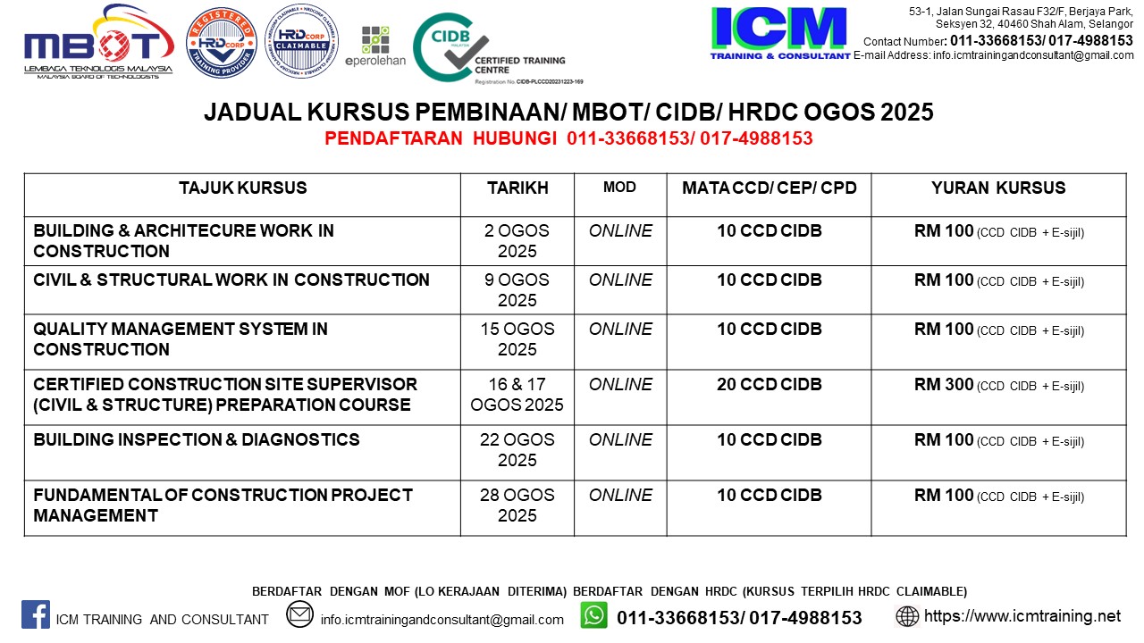 ICM - KURSUS PEMBINAAN CIDB & HRDC CLAIMABLE OGOS 2025 Mari berkursus ...