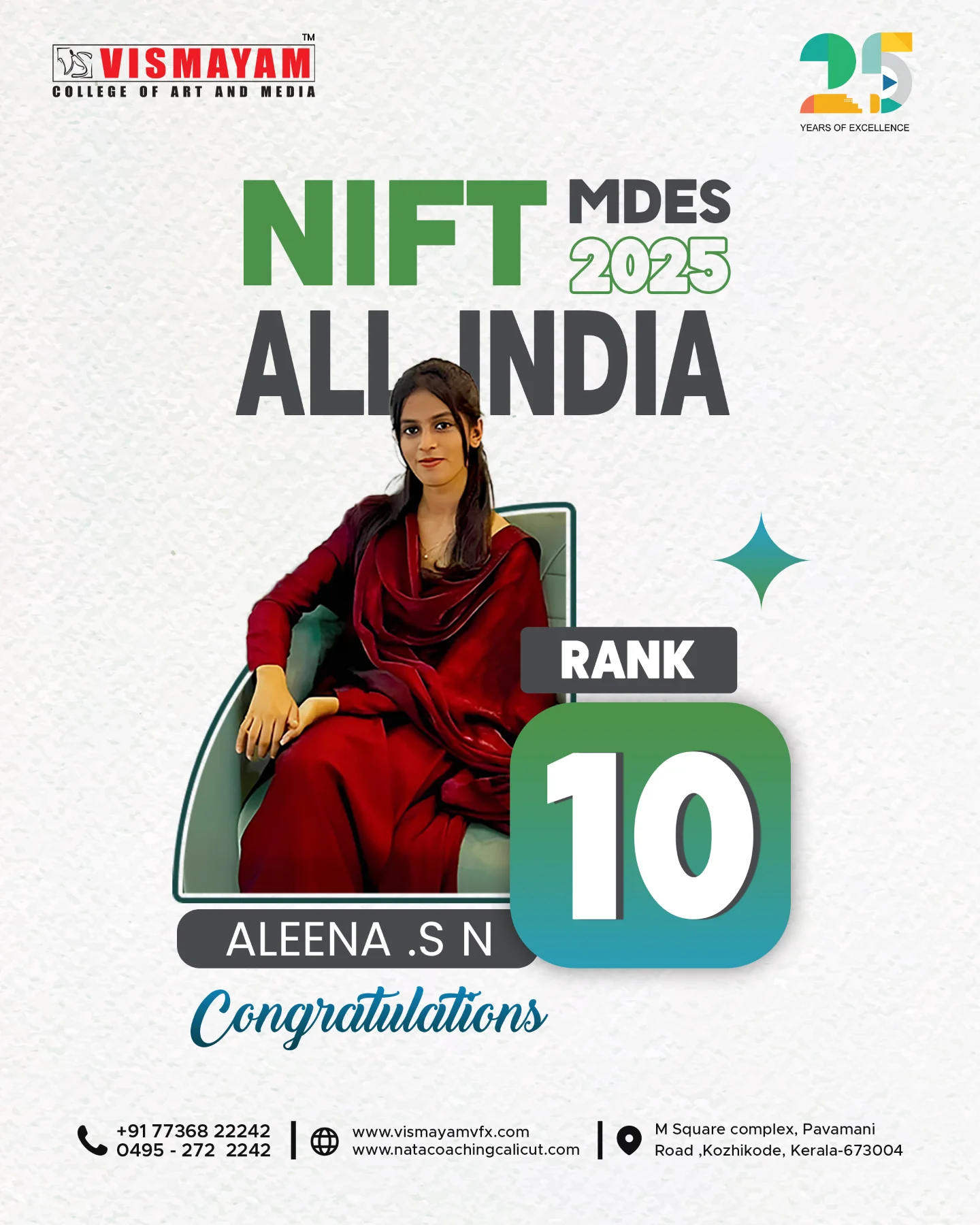 Vismayam - Congratulations to Aleena S.N. on ranking 10th All India in ...