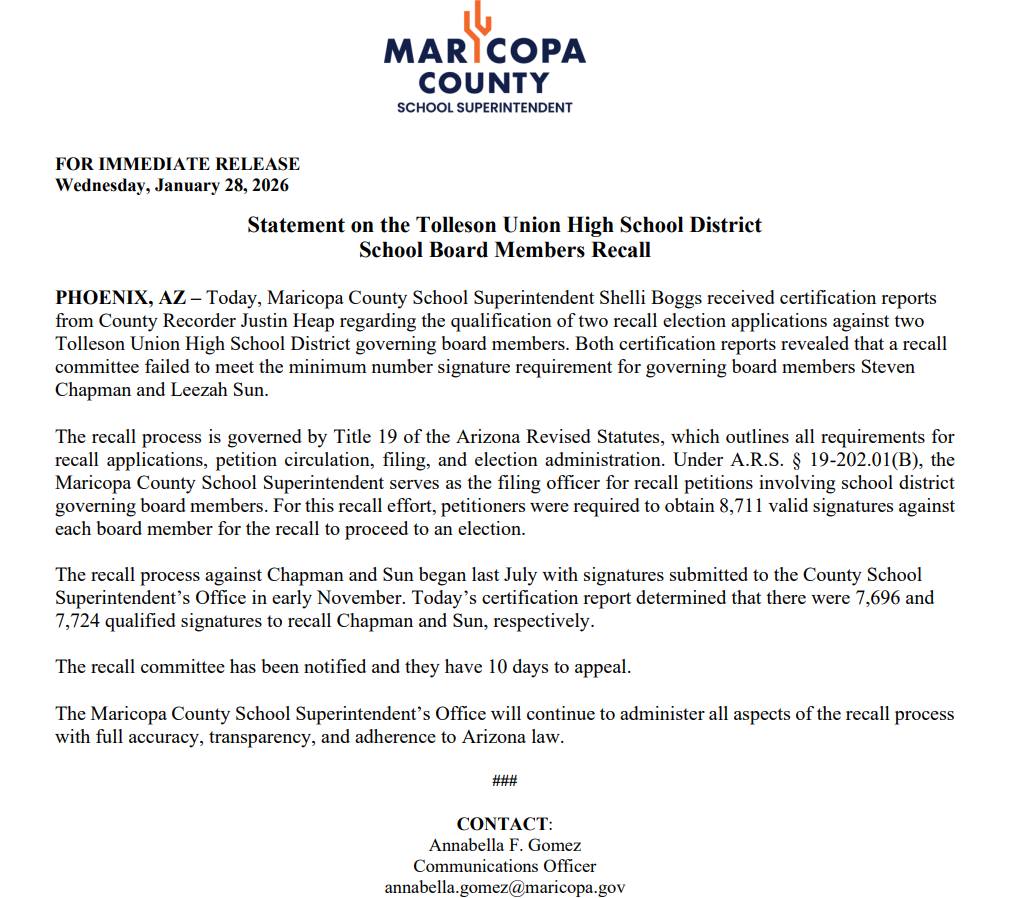 Maricopa - FOR IMMEDIATE RELEASE: Statement on the Tolleson Union High ...