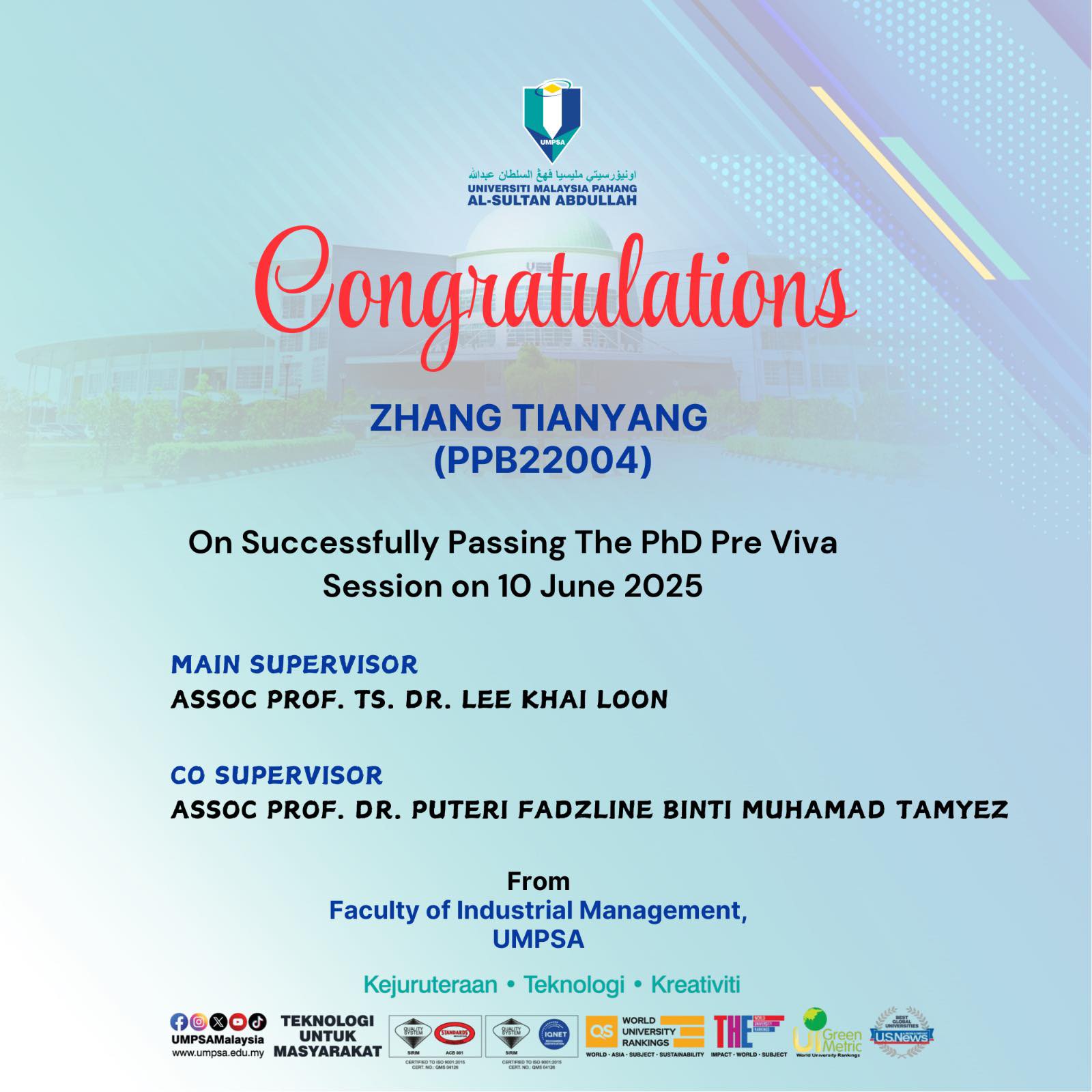 Faculty - Heartiest congratulations to ZHANG TIANYANG on successfully ...
