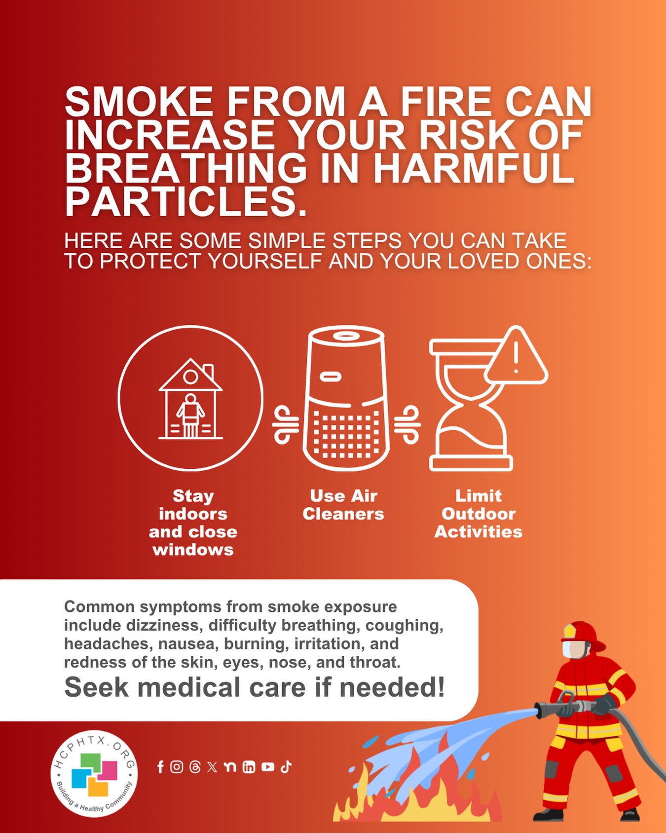 Protect yourself from smoke! Smoke from a fire can increase your risk of breathing in harmful particles. Here are some simple steps you can take to protect yourself and your loved ones