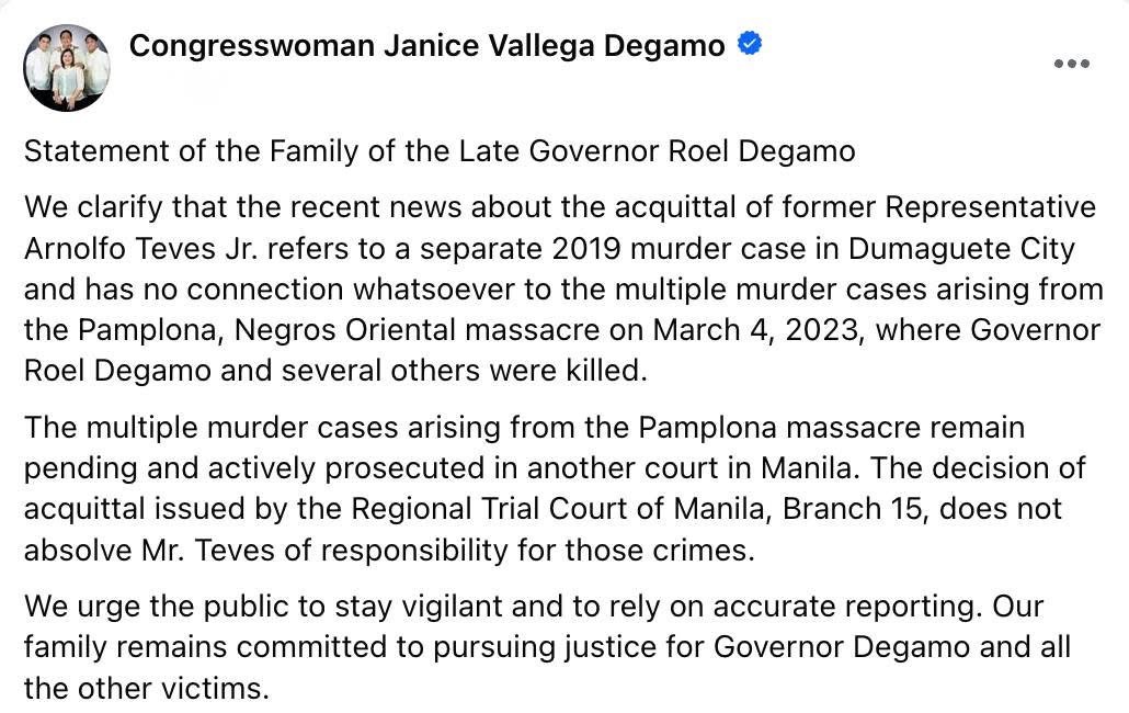 OneTV - Degamo Family Clarifies: Teves Acquittal Unrelated to Pamplona ...