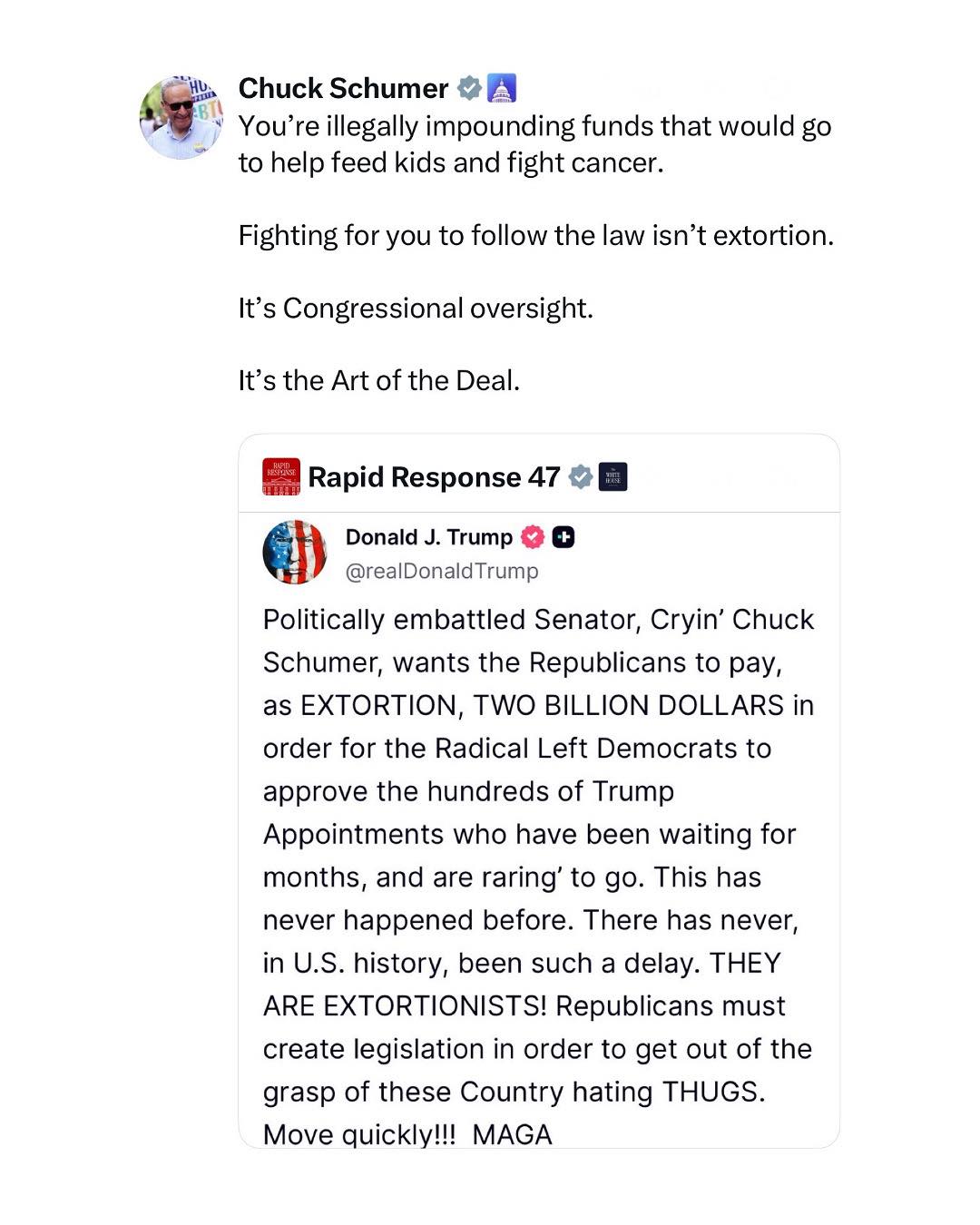 You’re illegally impounding funds... - Senator Chuck Schumer | Facebook
