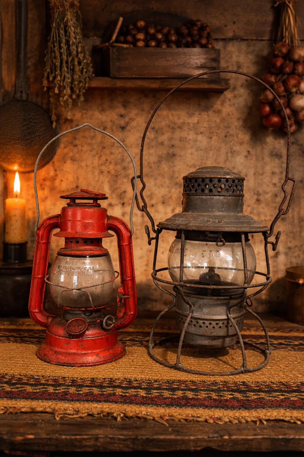 Vintage metal railroad lanterns include a Dietz Vesta with a red