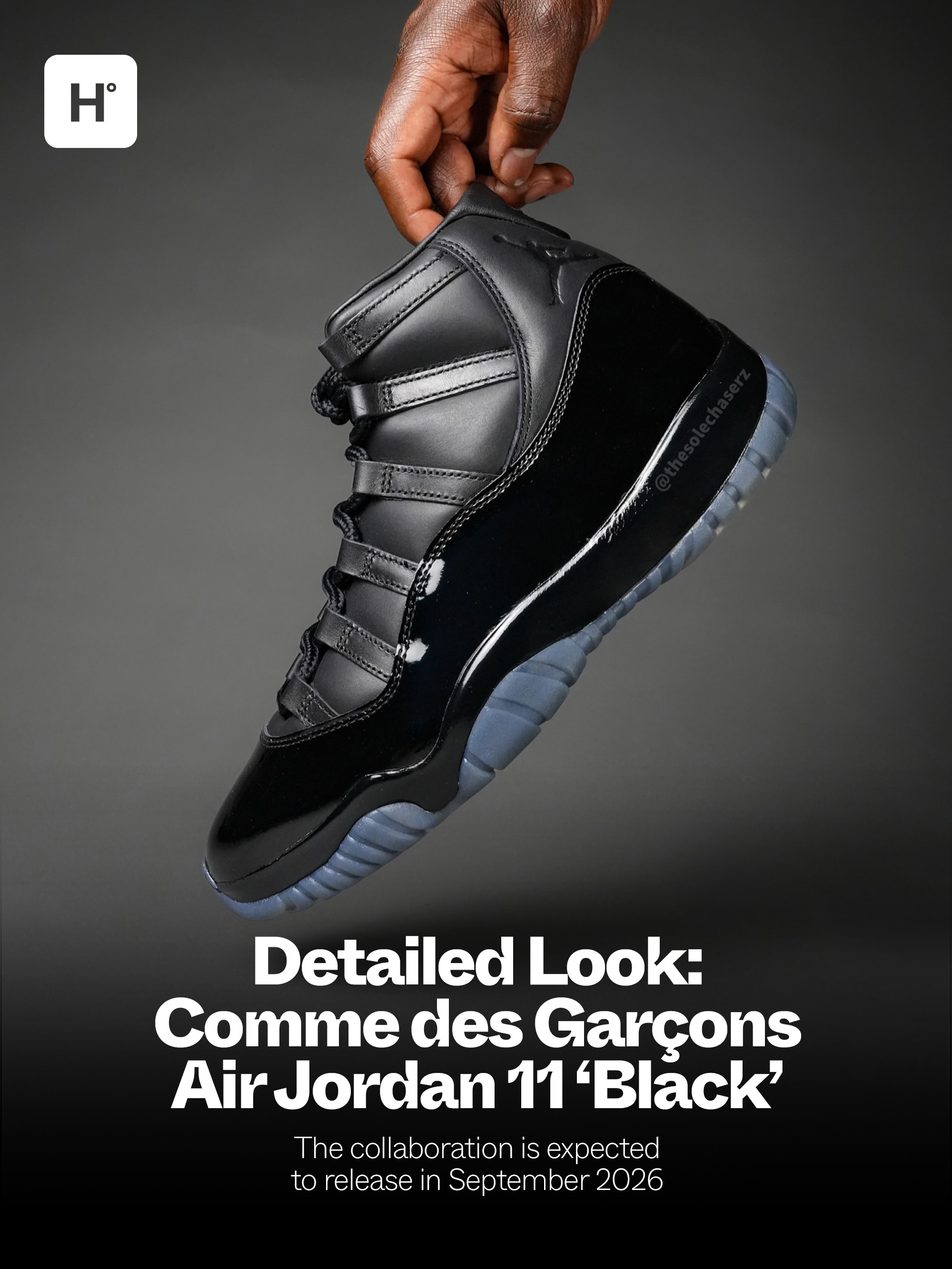 Detailed look at the Comme des Garçons x Air Jordan 11 'Black