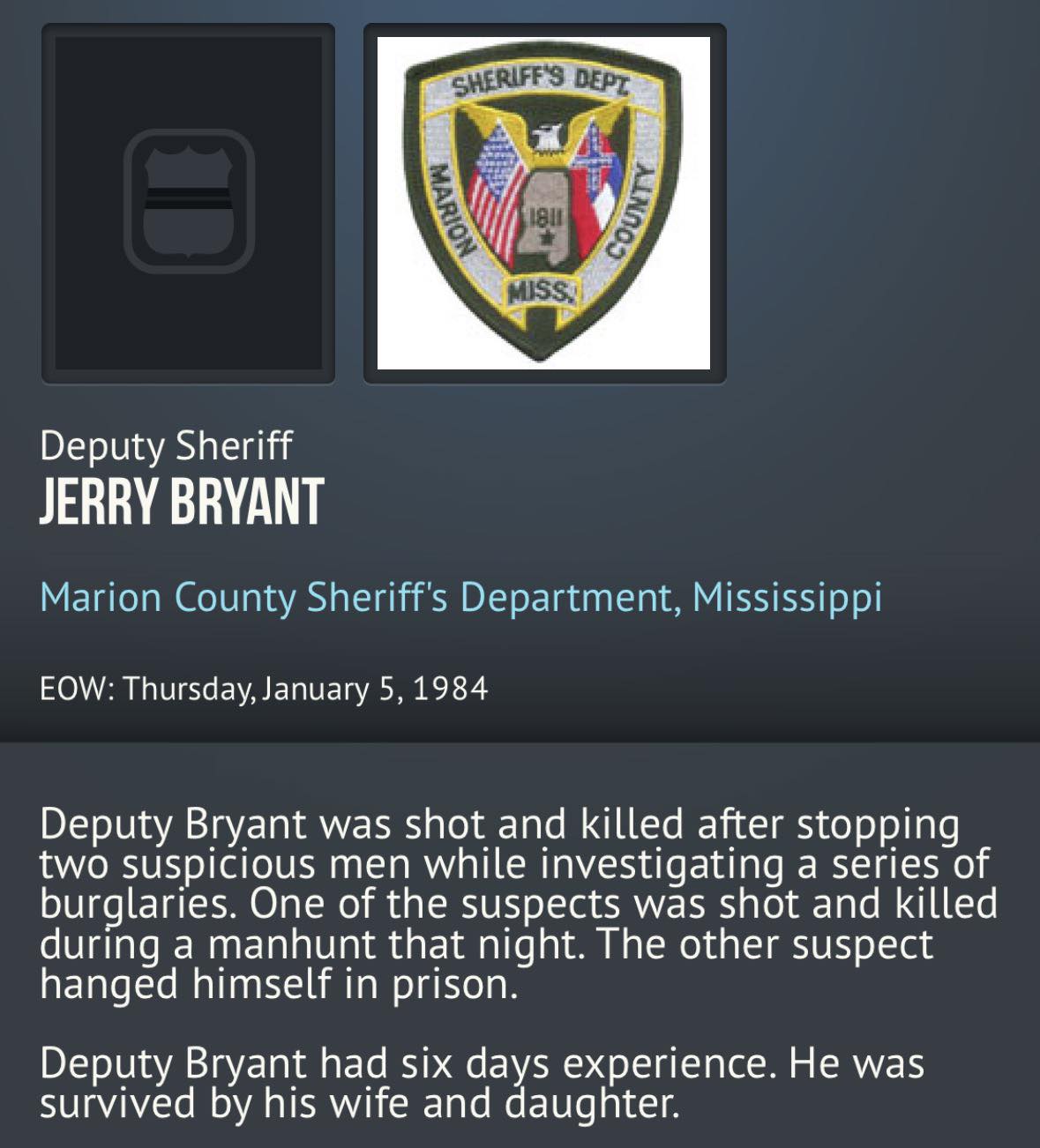 Mississippi - Today we remember Deputy Sheriff Jerry Bryant, Marion ...