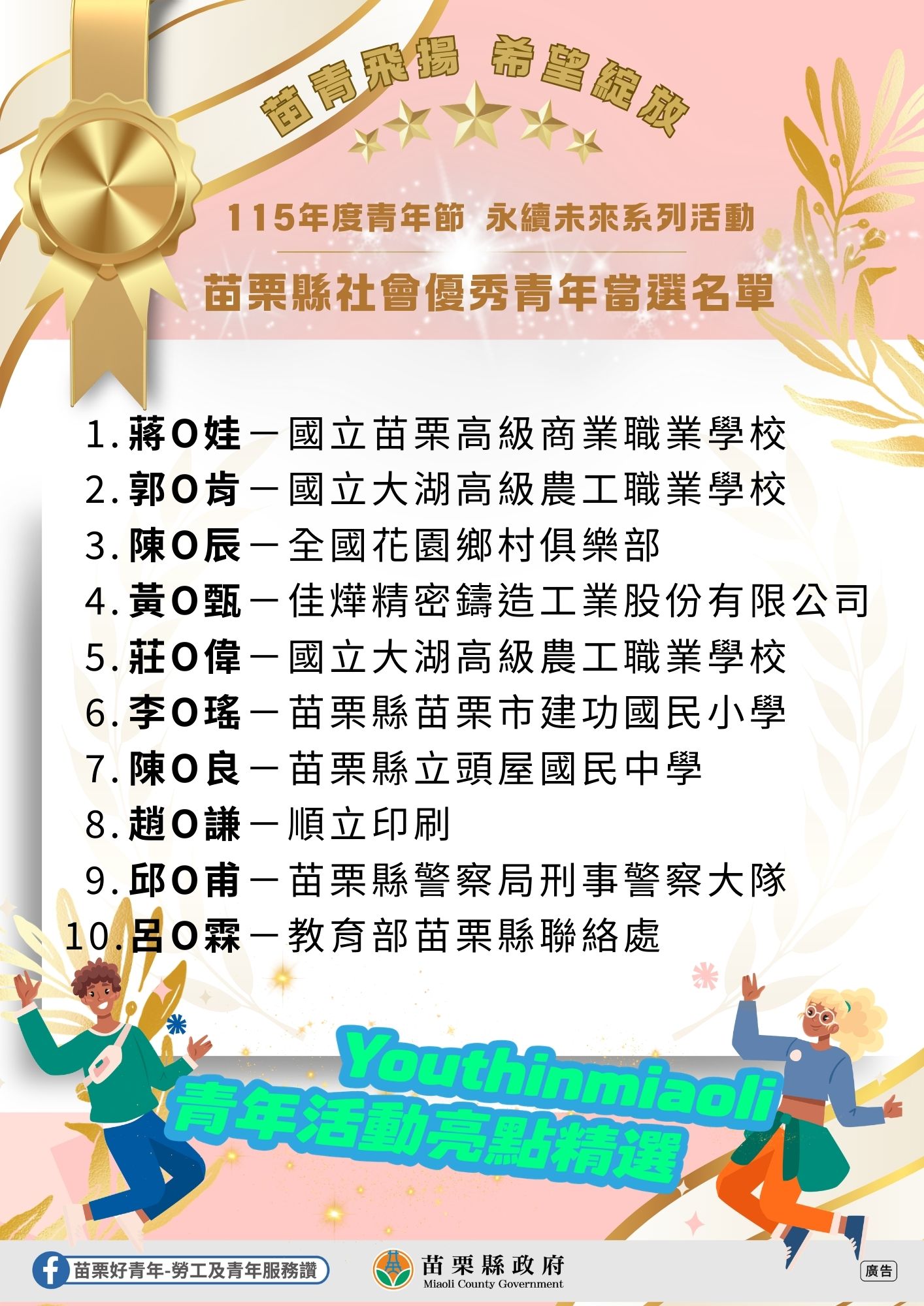 苗栗好青年-勞工及青年服務讚 - 🎊【苗青飛揚．希望綻放】 115 年苗栗縣優秀青年名單正式揭曉！🌟... | Facebook