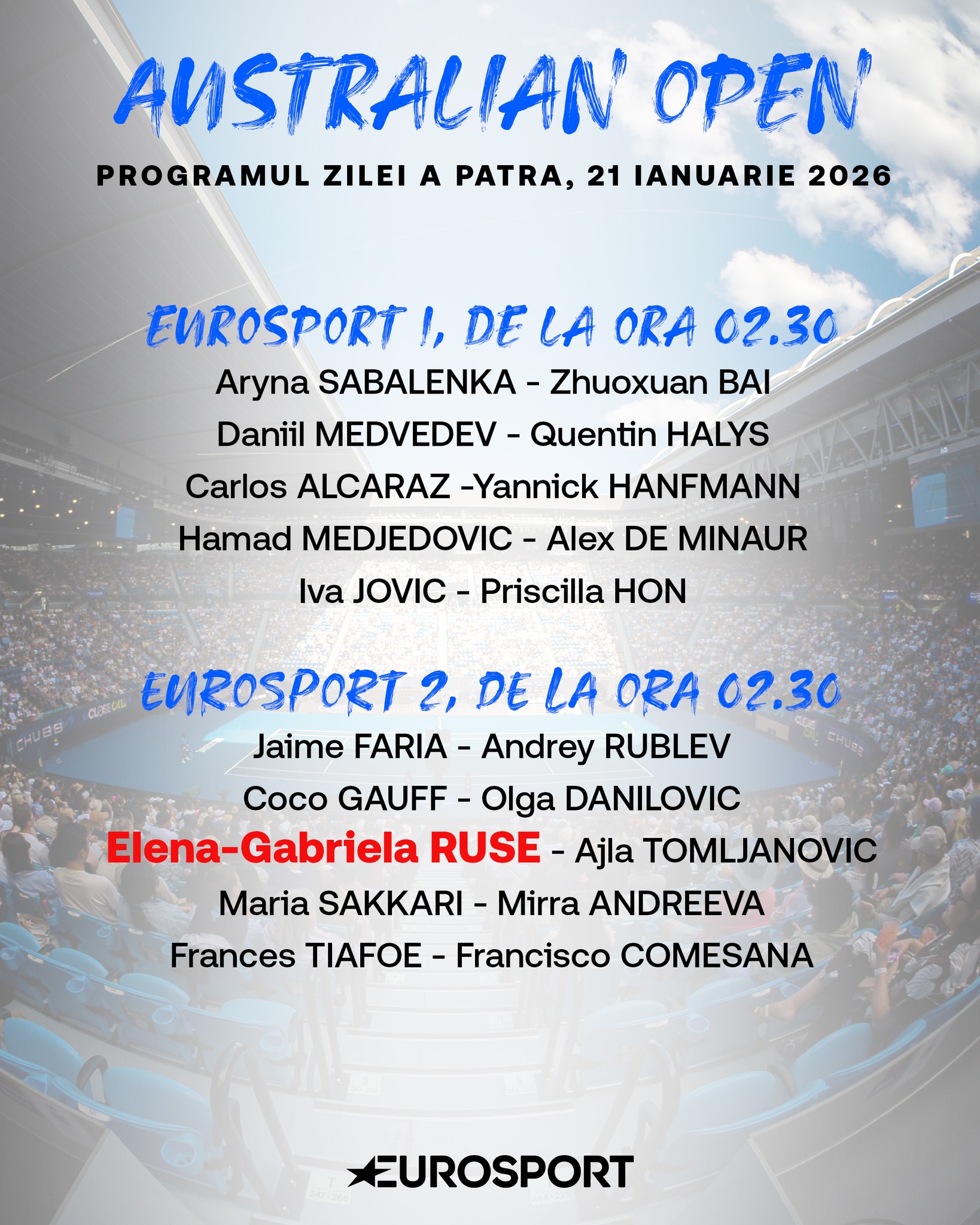 Eurosport - 🎾 Spectacolul de la Australian Open continuă, LIVE pe ...