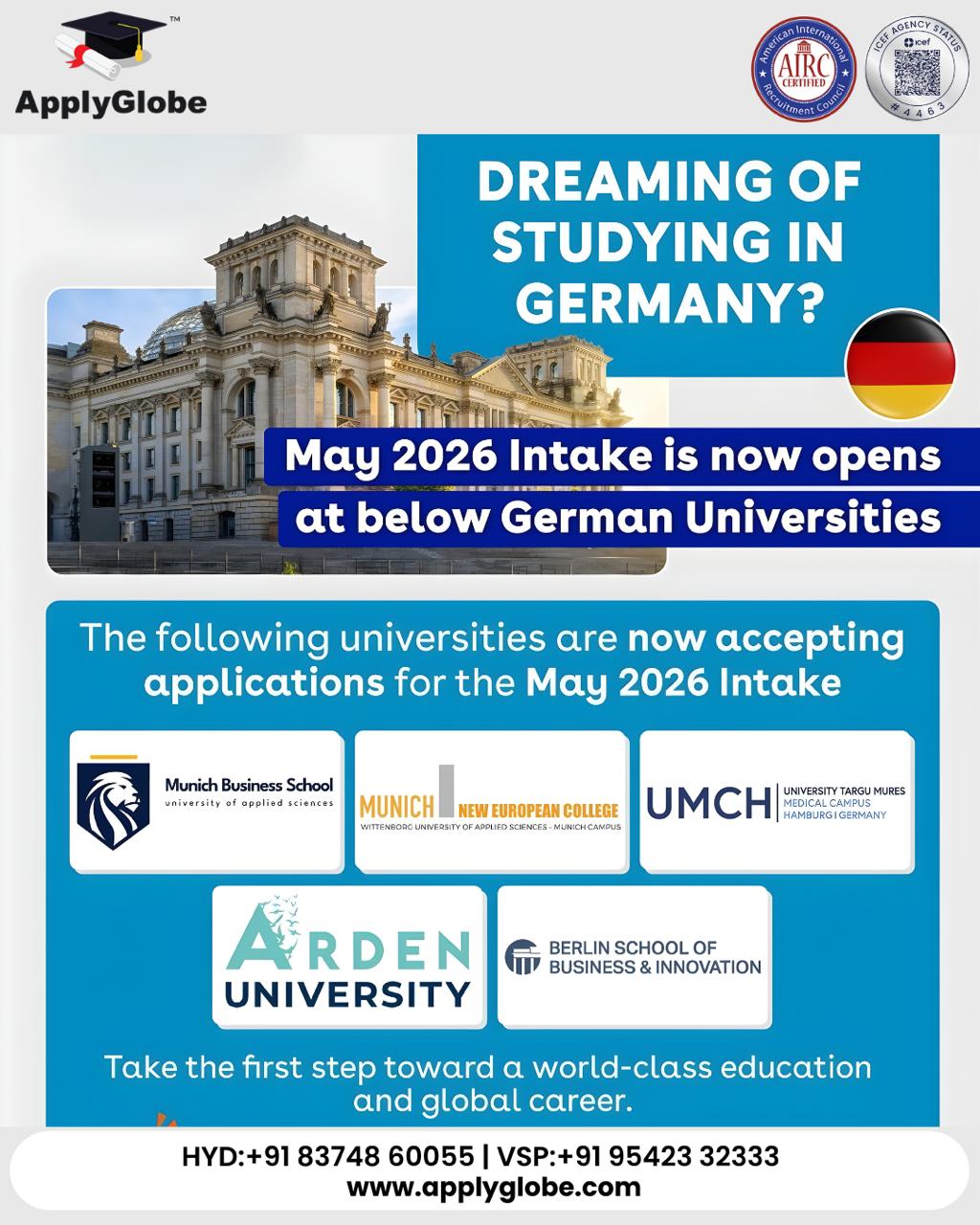 ApplyGlobe - 🇩🇪 May & June 2026 intake at German... | Facebook