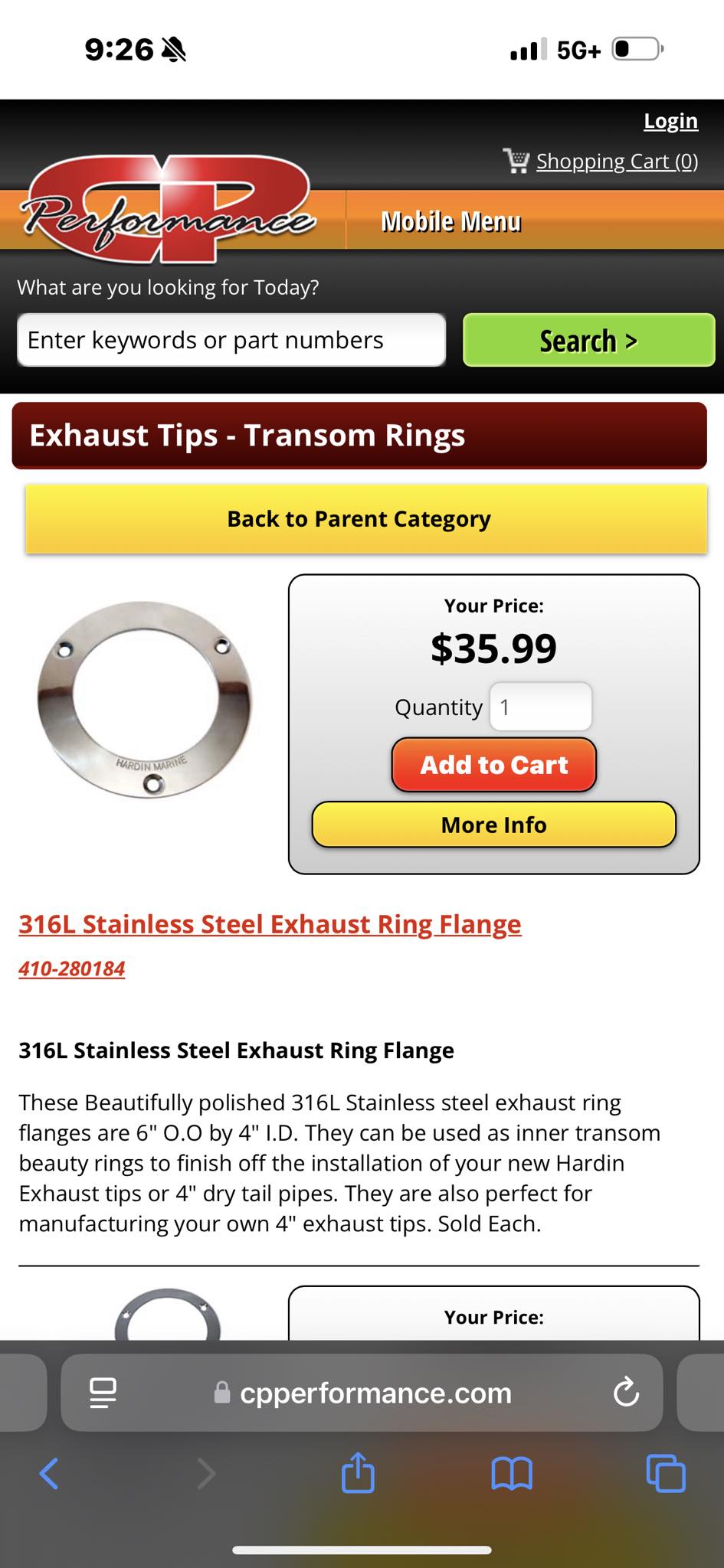 ISO EXHAUST: TRANSOM TIP E-TOP WITH TAPERED FLANGE TAILPIPES STOCK