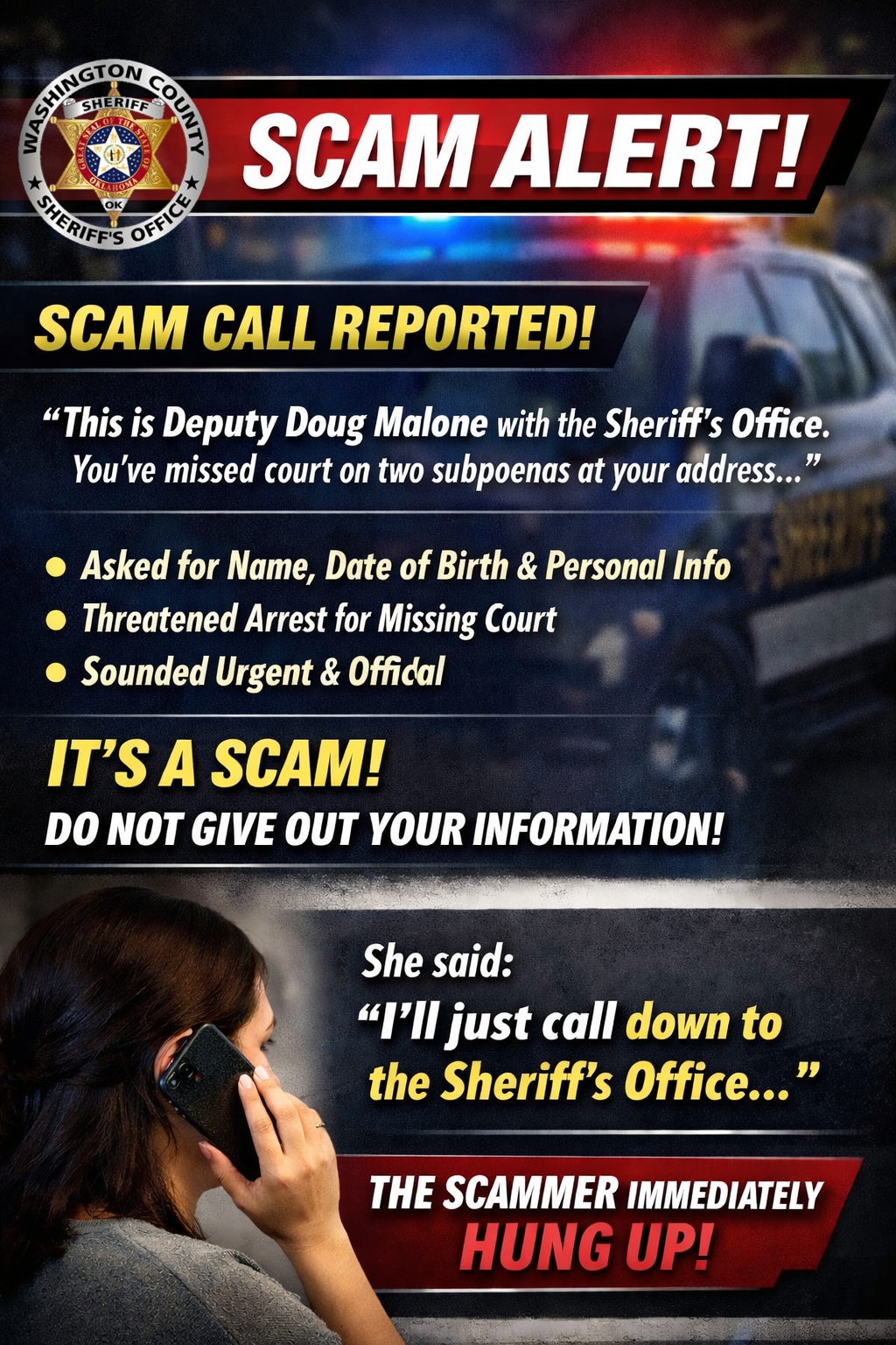 Washington - 🚨 SCAM ALERT 🚨 A recent phone scam involved someone posing ...