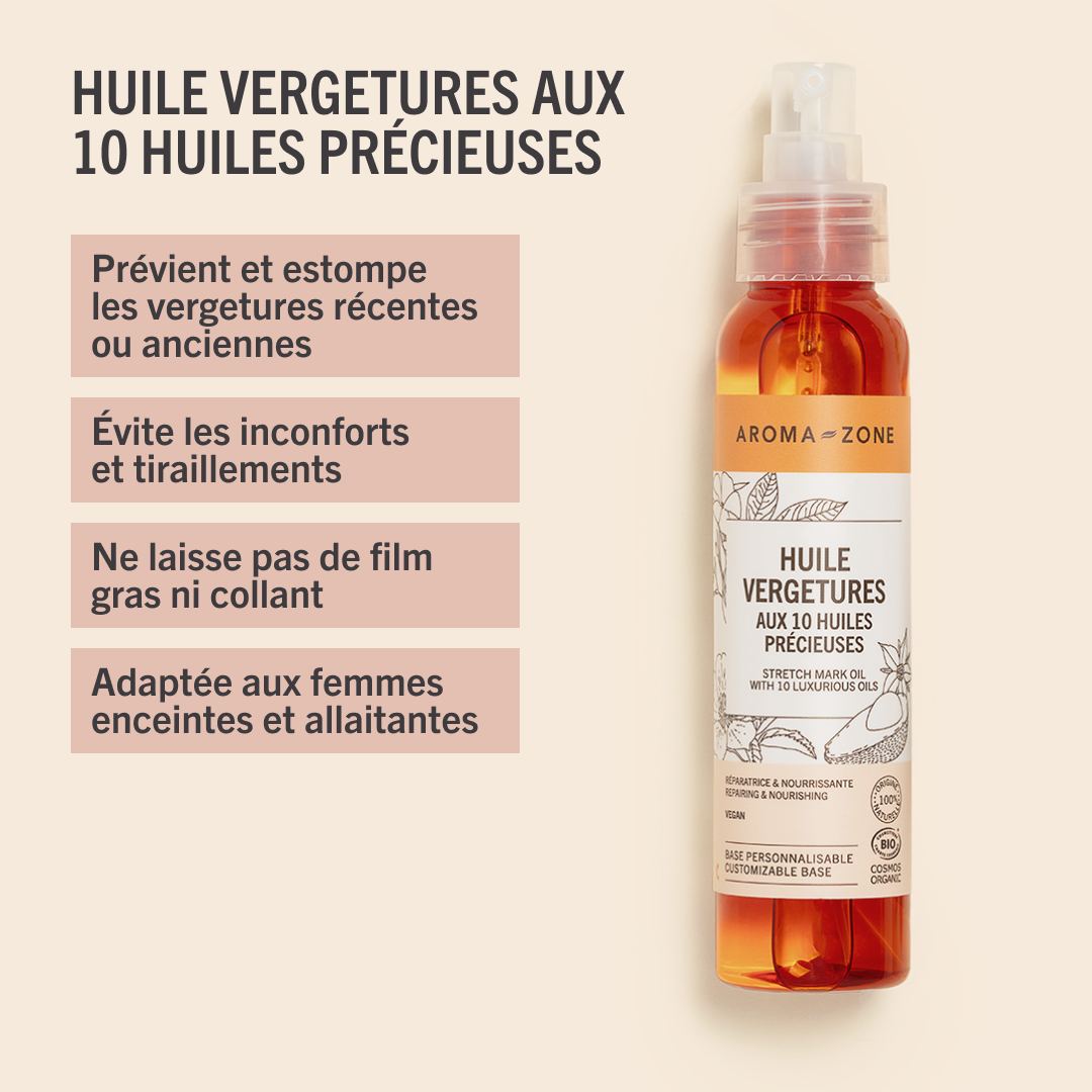 Huile Précieuse Anti-Vergetures Aroma-Zone – 10 Huiles Actives, 100 Ml – Peau Hydratée & Raffermie