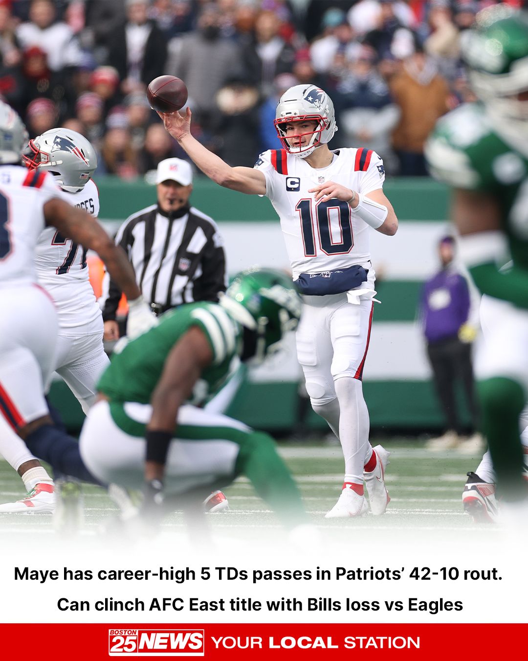 Boston - Drake Maye threw a career-high five touchdown passes before ...