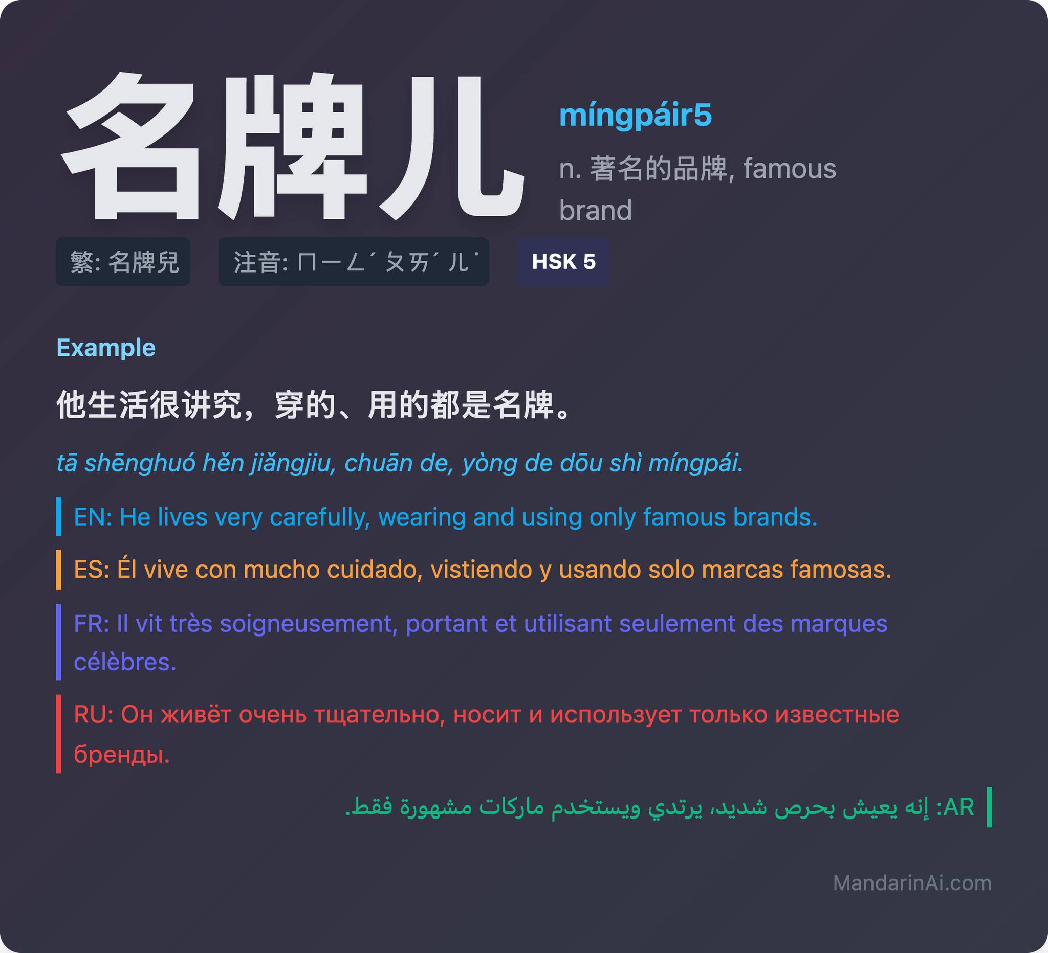 MandarinAi - https://www.mandarinai.com/hsk/word/detail/2745 名牌儿 ...