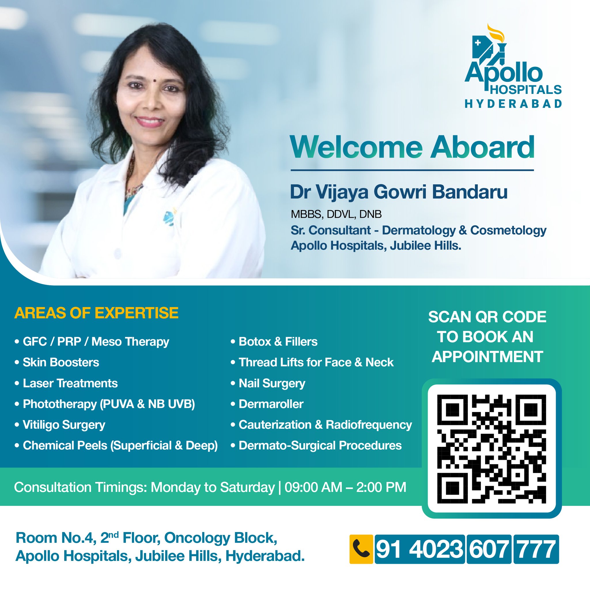 Welcoming Dr. Vijaya Gowri Bandaru to Apollo Hospitals, Jubilee Hills! A highly skilled Sr. Consultant in Dermatology & Cosmetology, Dr. Vijaya Gowri Bandaru specializes in advanced skin, hair and cosmetic treatments including