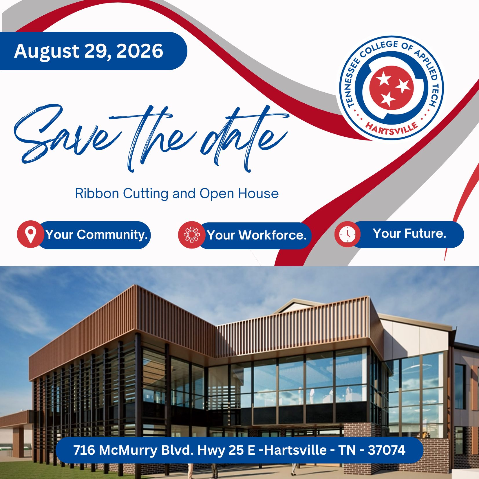 Save the date! TCAT Hartsville is gearing up to unveil our campus  expansion, and we want you there to celebrate with us. Join us as we honor  the future of our students,
