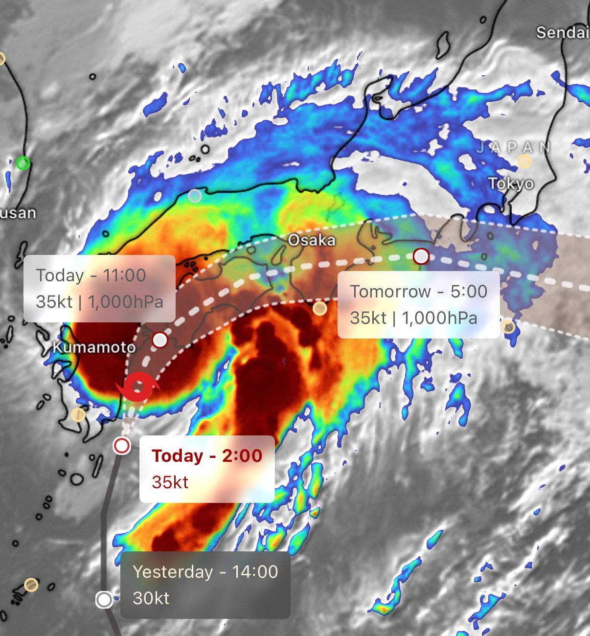 Some flooding rain from tropical storm Peipah in southwest Japan