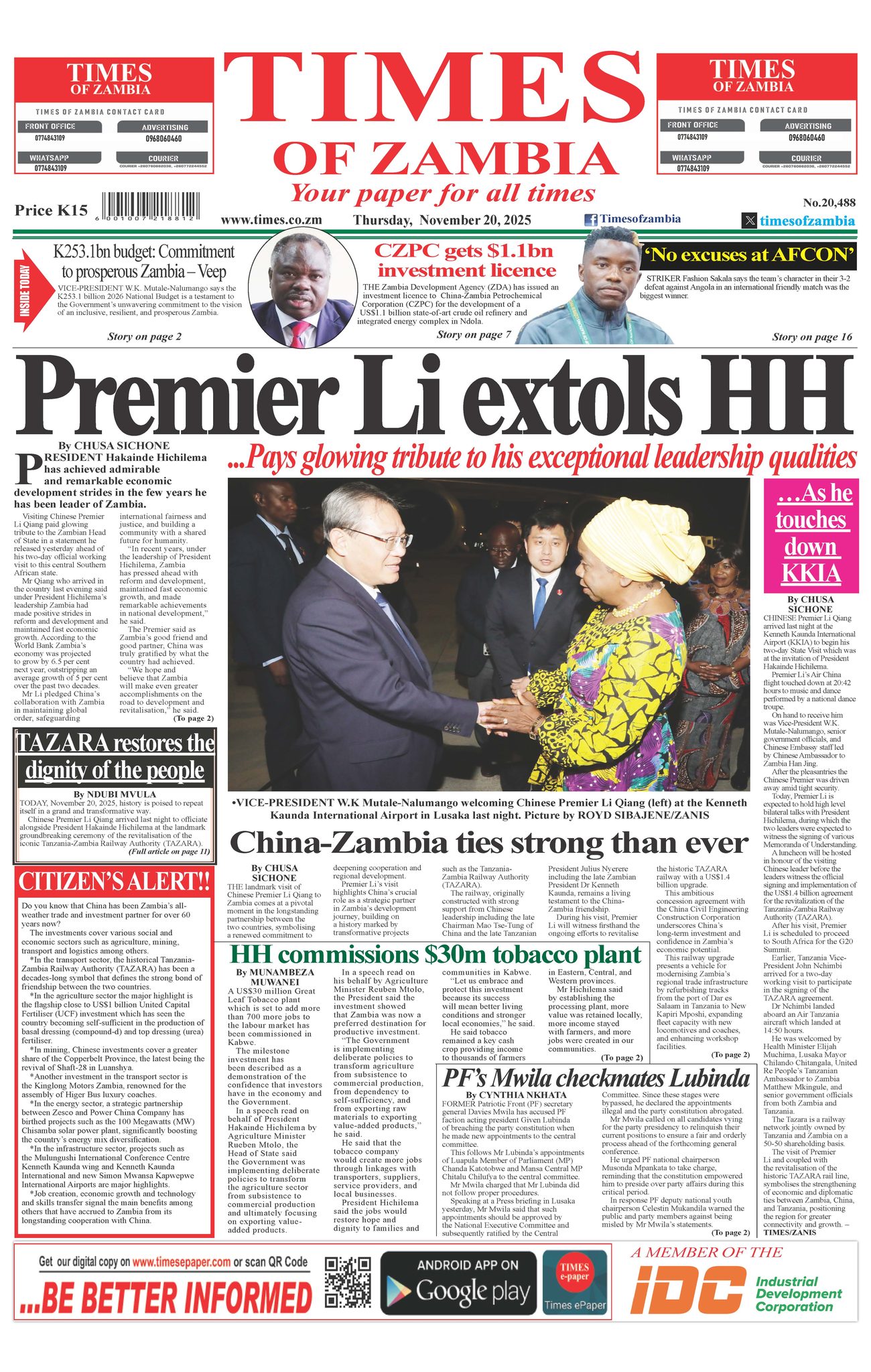 Times of Zambia 20.11.25... - Times of Zambia - TOZ | Facebook