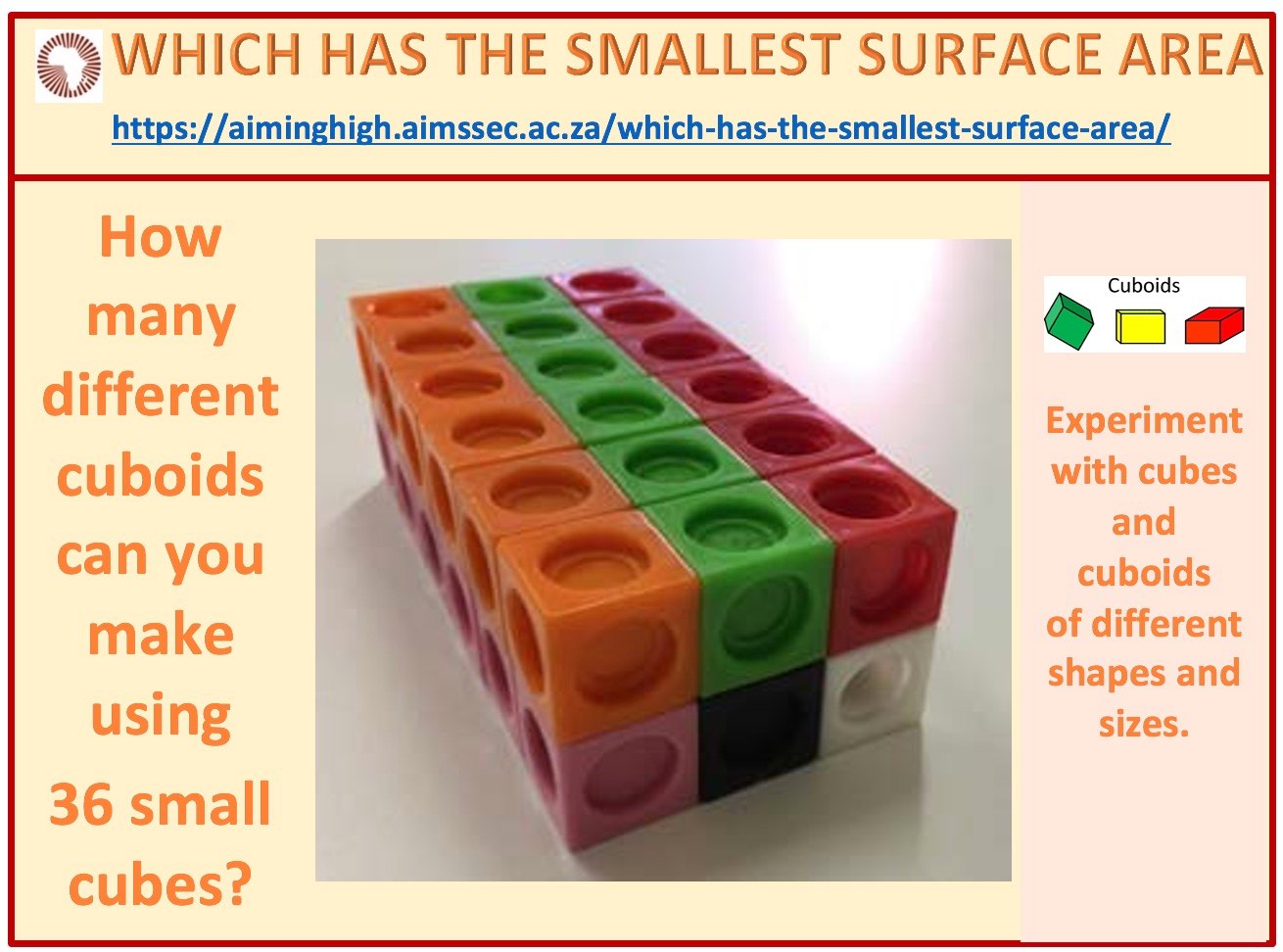 AIMSSEC - Take the area of each face of the small cube as... | Facebook