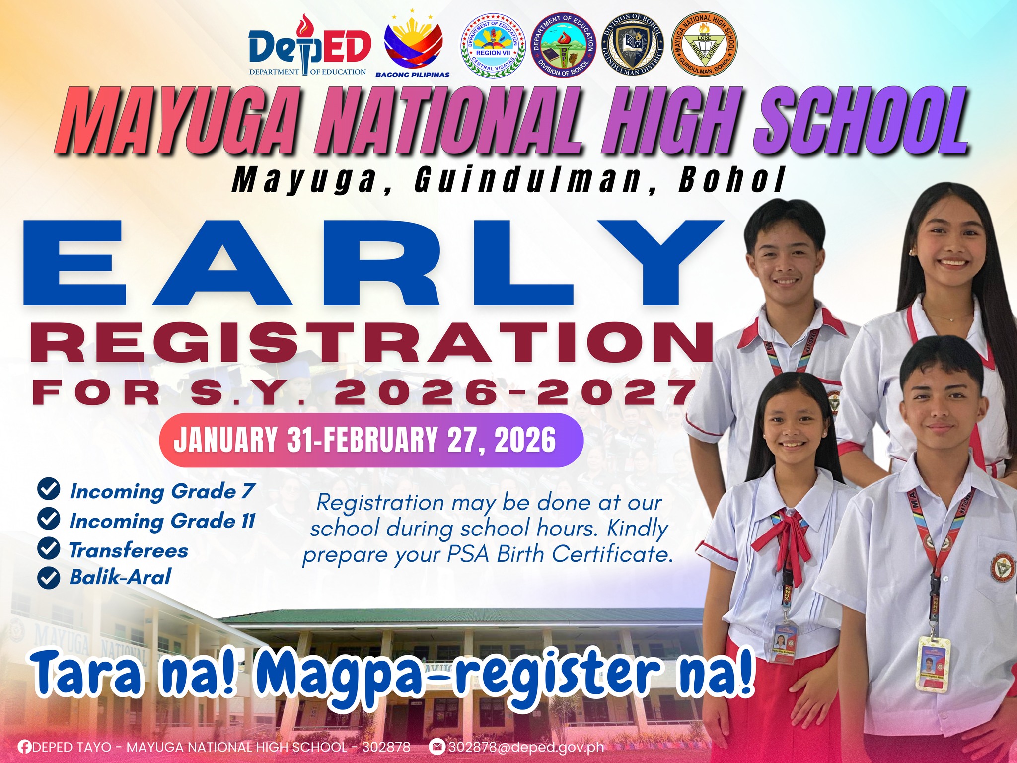 Deped - 📣 𝐄𝐀𝐑𝐋𝐘 𝐑𝐄𝐆𝐈𝐒𝐓𝐑𝐀𝐓𝐈𝐎𝐍 𝐈𝐒 𝐍𝐎𝐖 𝐎𝐏𝐄𝐍! 🎒 Mayuga National High School ...