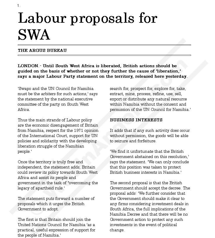War - Labour proposals for SWA THE ARGUS BUREAU LONDON.- Until South ...