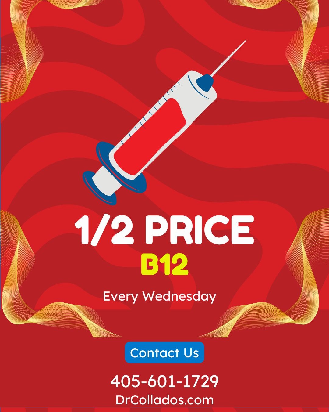 Half Price Every Wednesday!! No appointment needed. #b12vitamins #b12benefits #b12injections #savingmoney #weightloss #b12shots #b12vitamin #B12Boost #b12