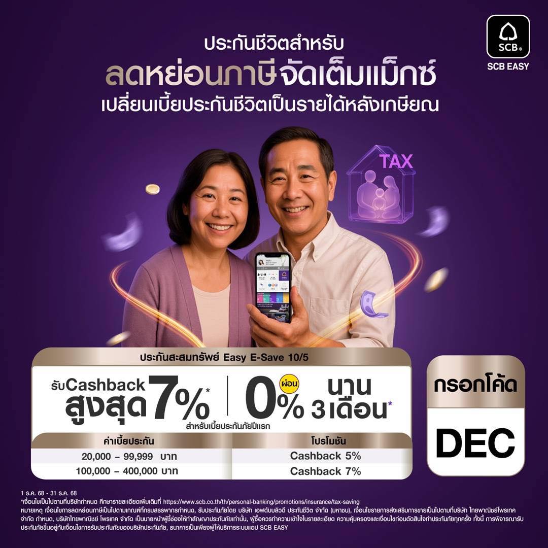 SCB - จัดเต็มแม็กซ์กับประกันลดหย่อนภาษี!! รับเงินคืนสูงสุด 7%* เมื่อ ...
