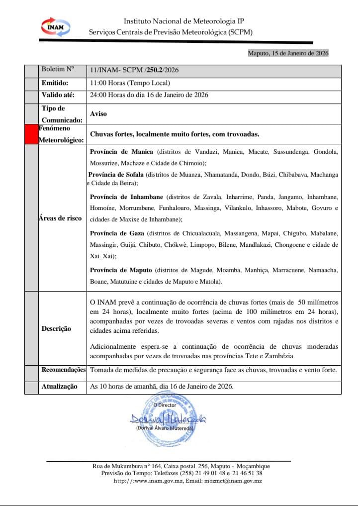 *Recomendações* O *INAM* recomenda à população das áreas acima ...