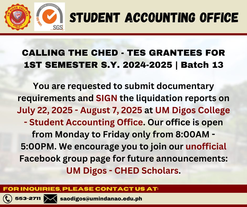 UM - CALLING THE CHED TES GRANTEES FOR 1ST SEMESTER S.Y. 2024-2025 ...