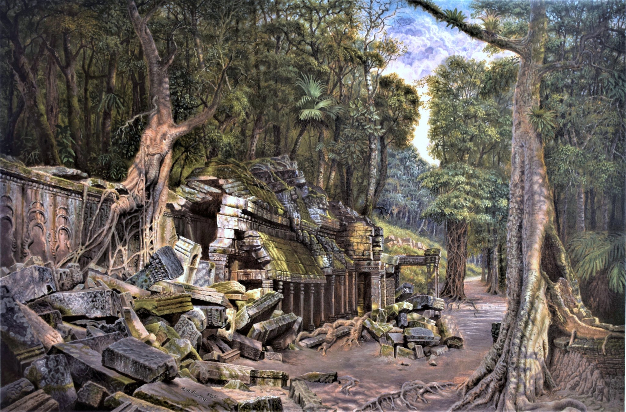 タ・プロムតាព្រមហ្ម、油絵、カンボジアアート、クメールアート Ta Prohm temple ruins in Angkor Wat, Cambodia, oil painting