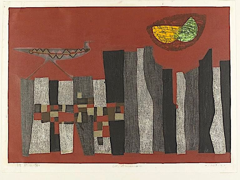 Morning Moon', a 1965 woodblock print; ink and colour on paper, by