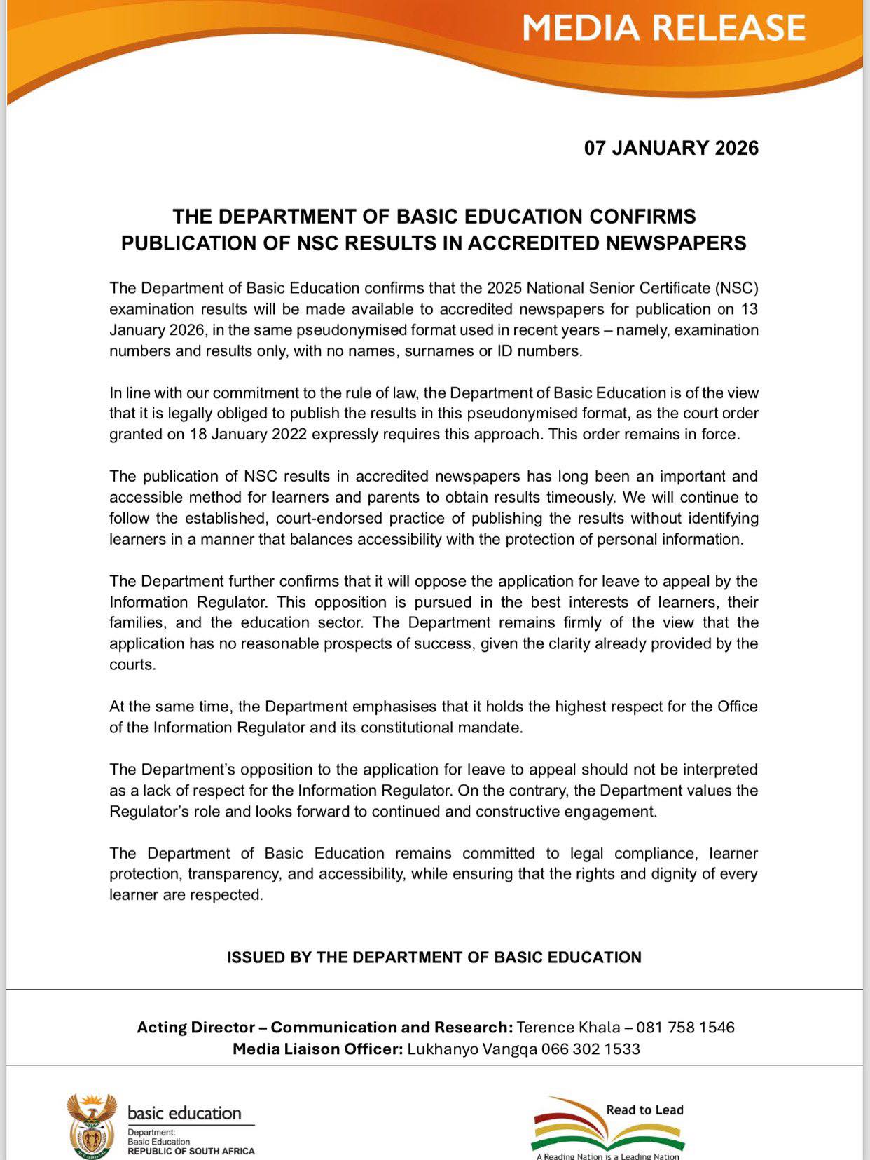 South - STATEMENT | The Department of Basic Education confirms that the ...
