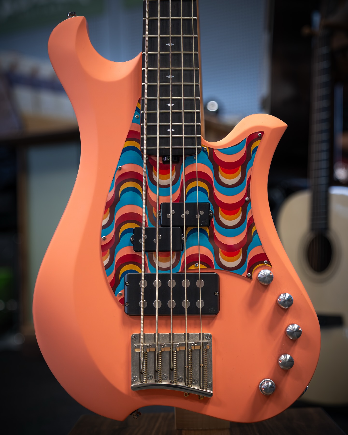 Showcasing custom Bacchus bass guitar