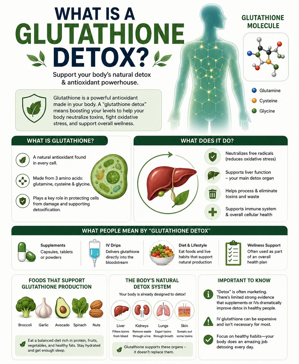 🌿 Your body already has a built-in detox system—and glutathione is one of its biggest allies. Known as the “master antioxidant,” glutathione helps protect cells from oxidative stress and supports overall wellness