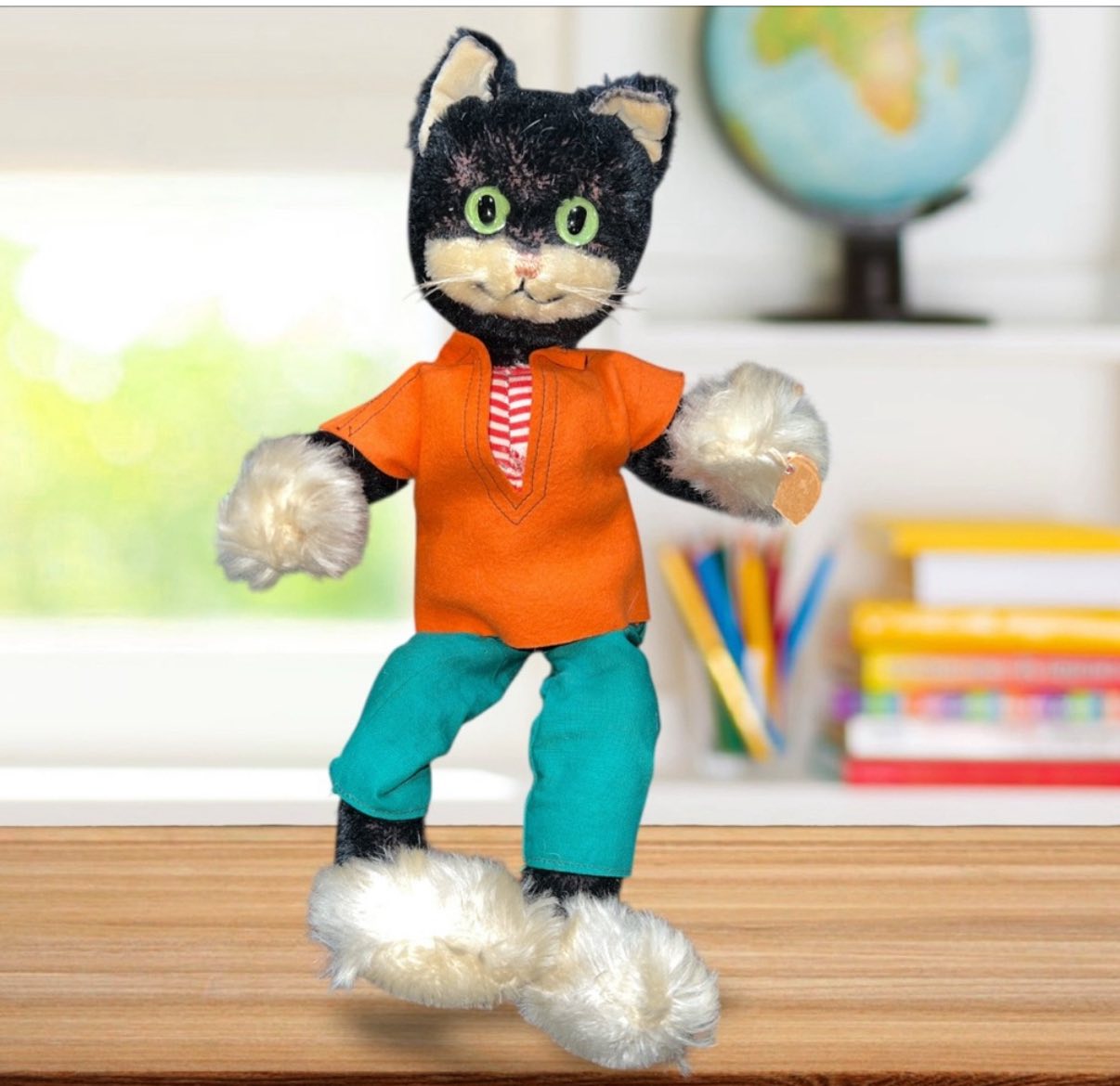 Rare Schuco Bigo Bello Cat with tags. 15 inches. Mohair with felt