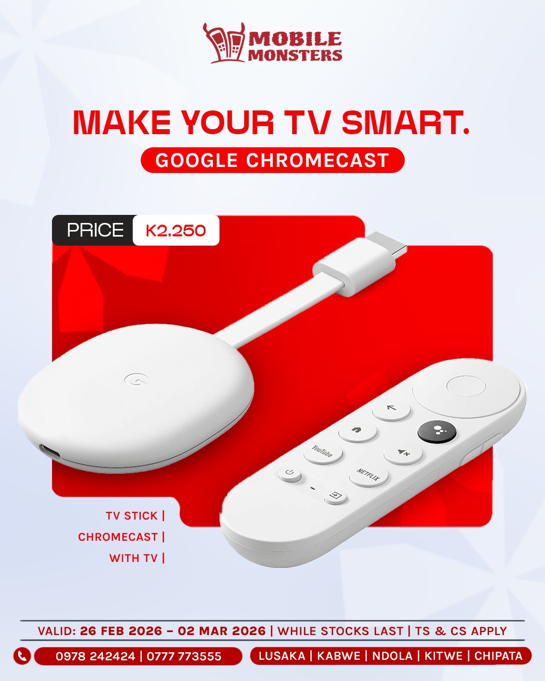 Turn any TV into a smart TV. Google Chromecast with TV Stream your