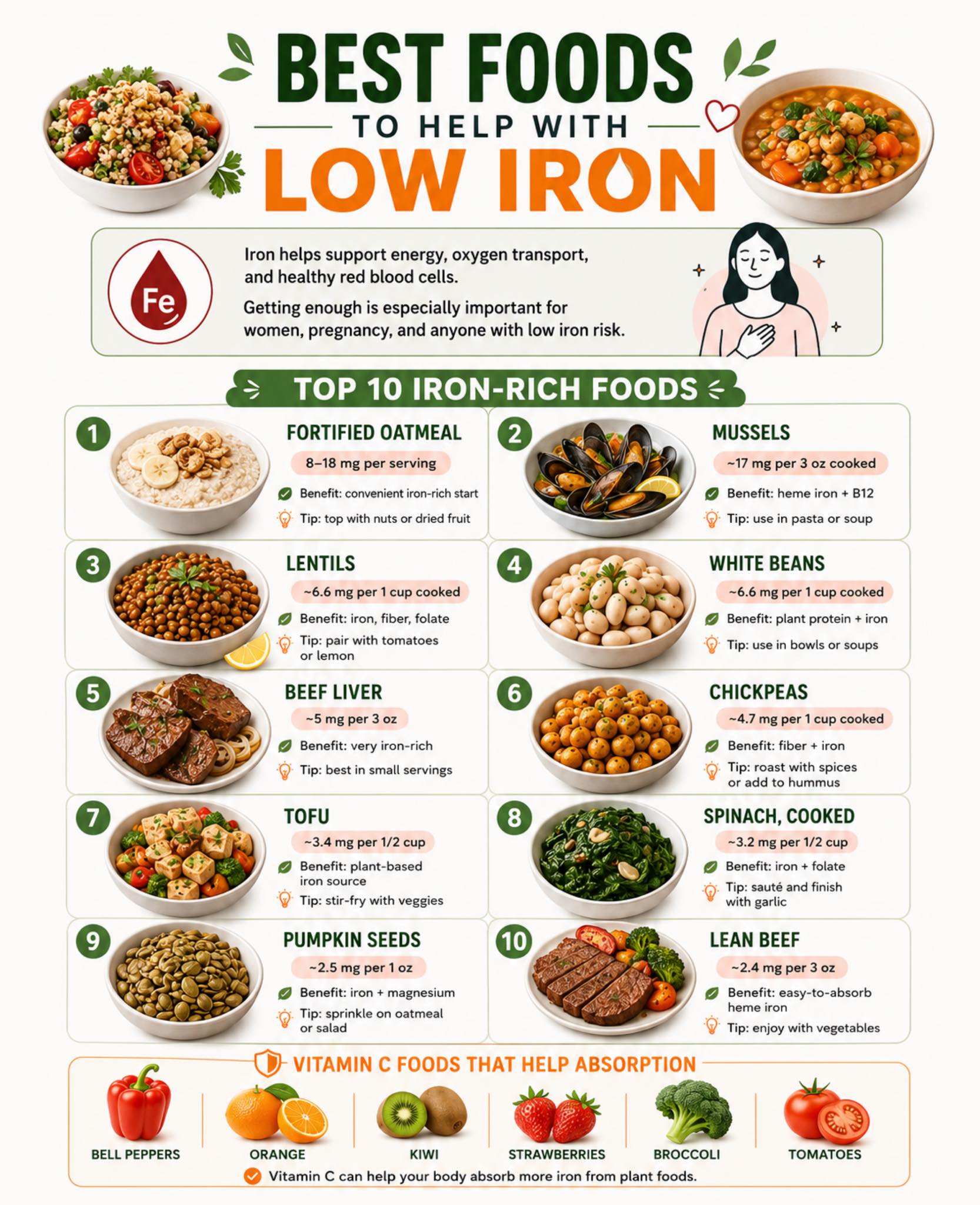 klow iron Best Foods for Low Low energy? Your iron intake might need attention. 🩸 Iron-rich foods combined with vitamin C can help support healthy blood flow, energy levels, and overall wellness naturally Reduced Glutathione 500 mg