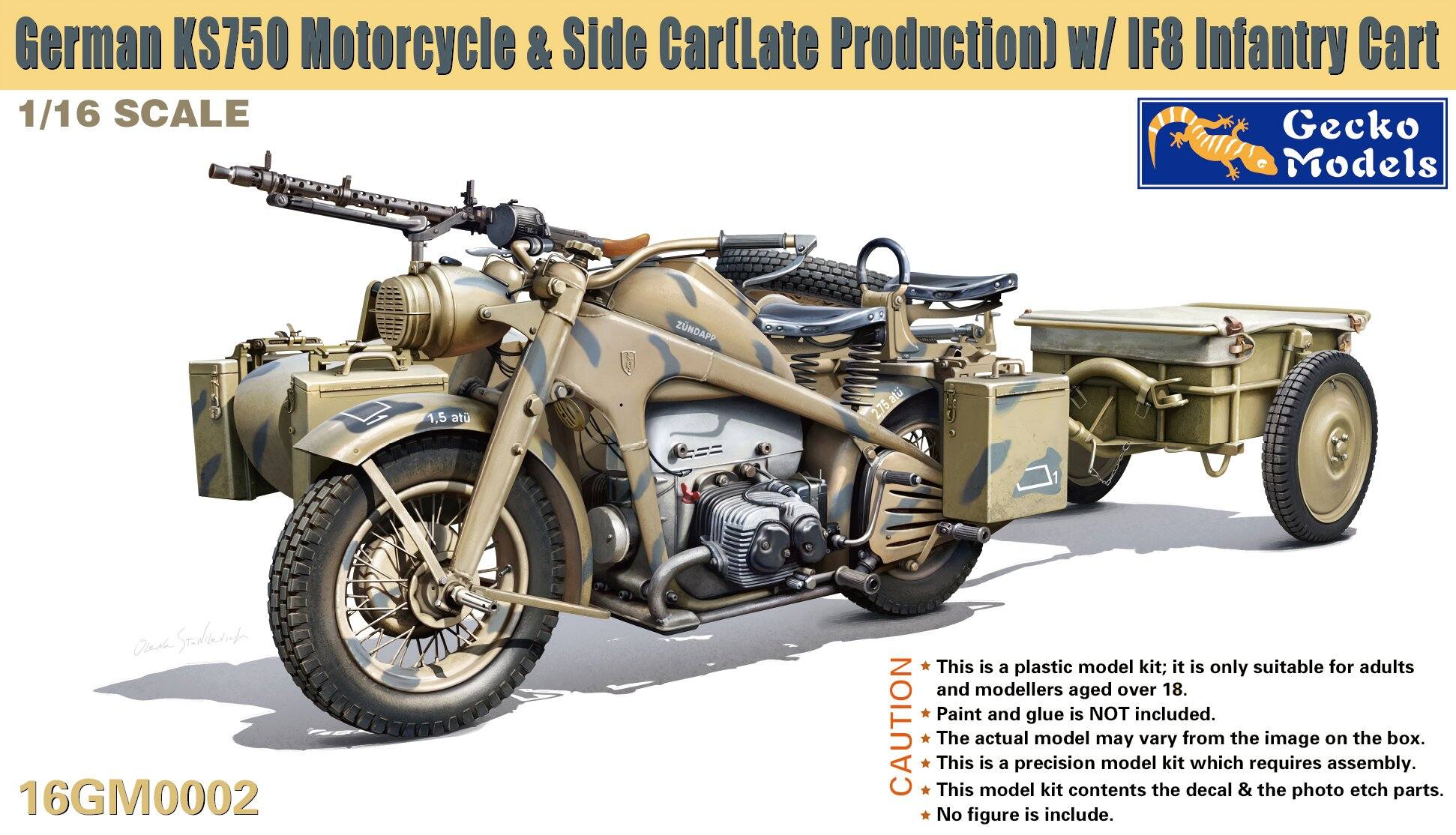 New 1/16 scale German KS750 Motorcycle w - Side Car & IF8 Infantry