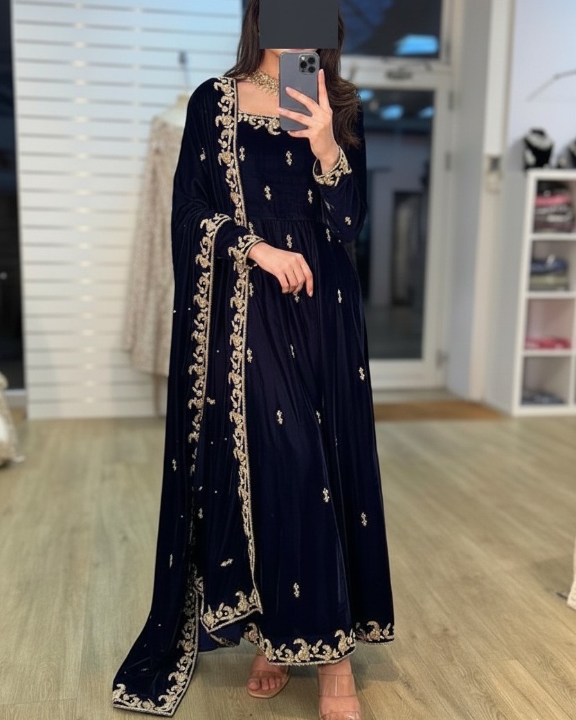 blue and golden combination dress Velvet Maxi 💙✨ Hand Made Embroidery | Order on WhatsApp 0092-3122584701 LowStock:43546126647347