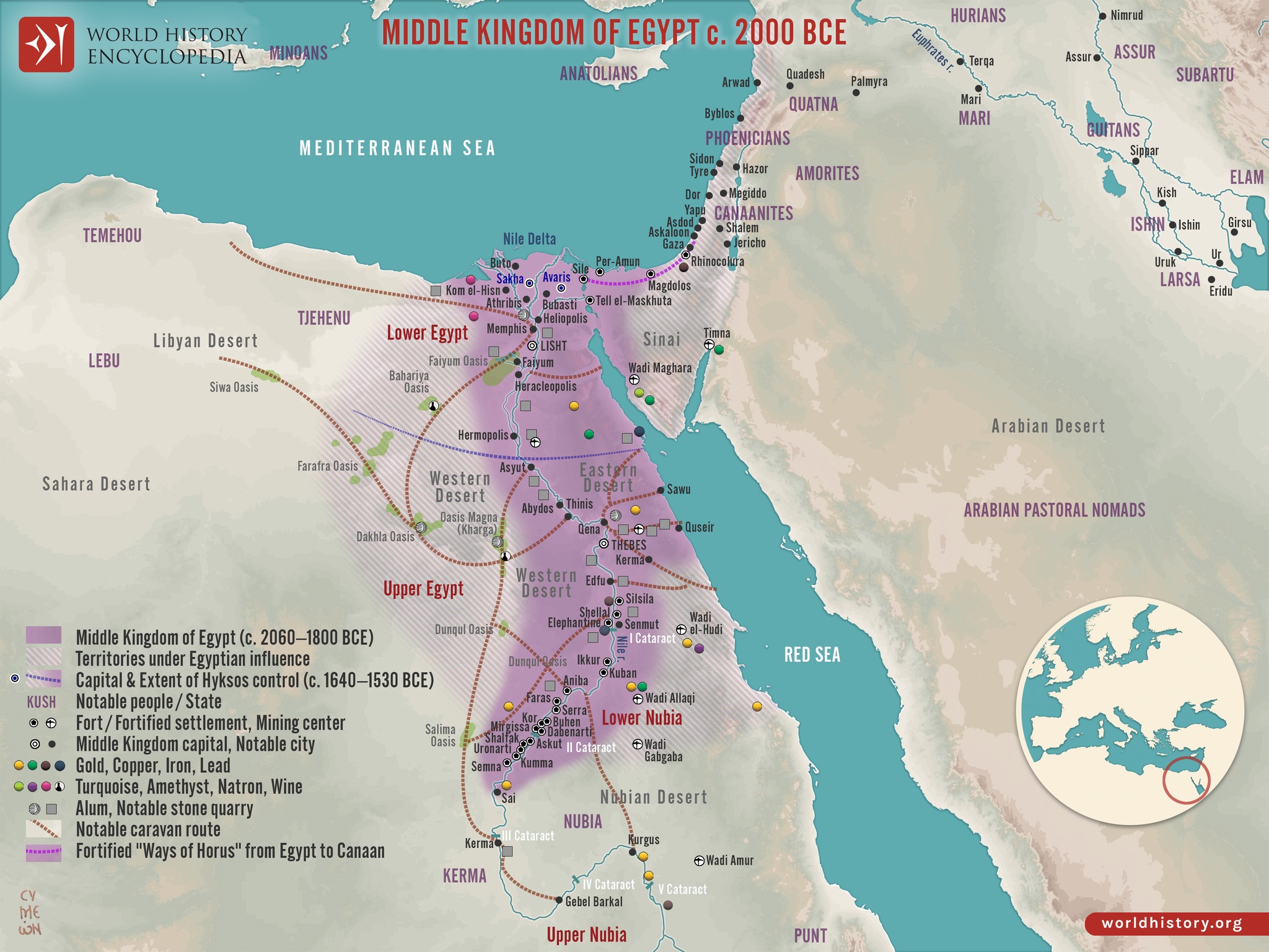 This map illustrates the Middle Kingdom of Egypt (c. 2055–1650 BCE
